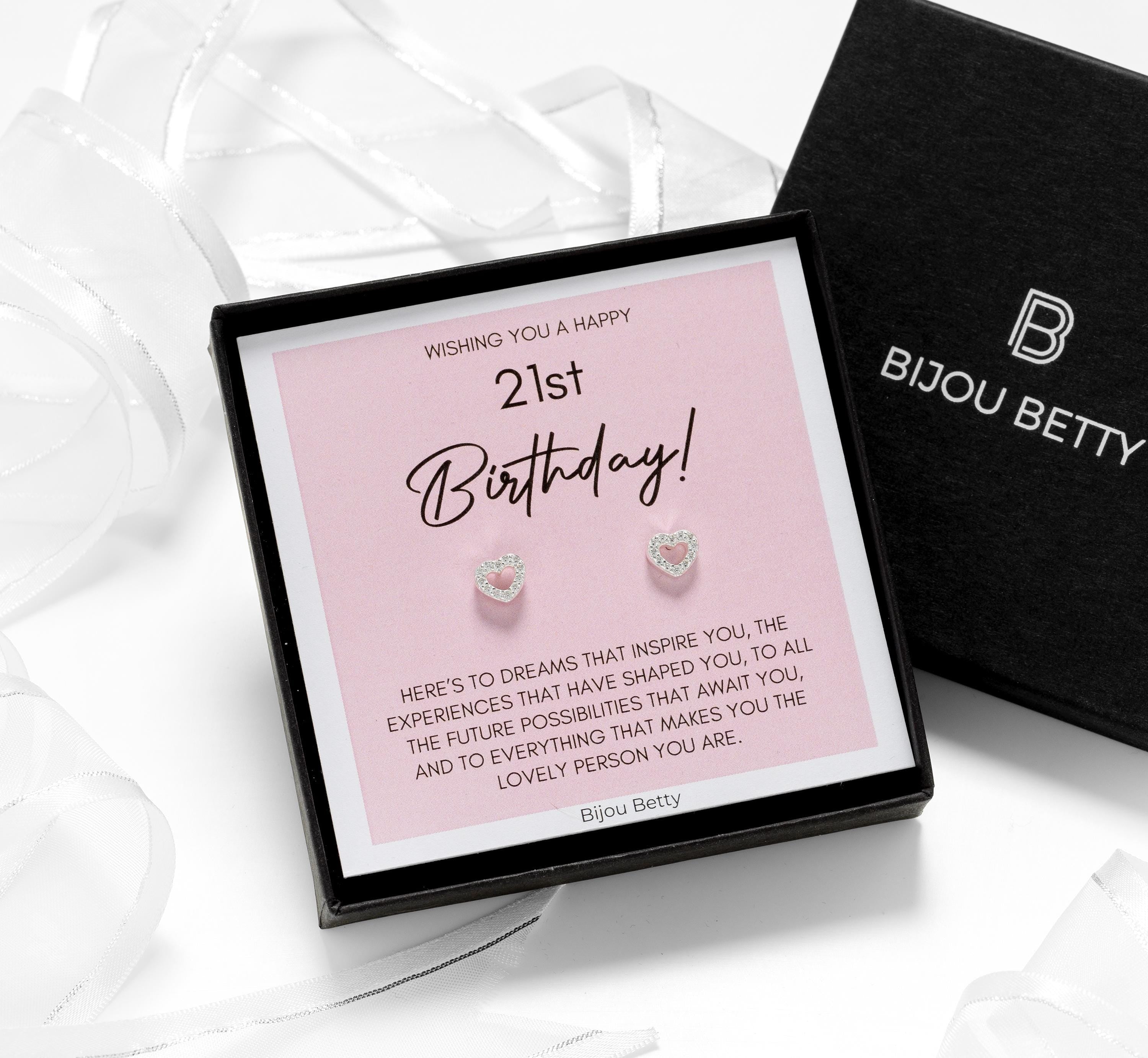 Bijou Betty 21st birthday earrings with gift bag, tissue, and customised tag, great for friends or nieces.