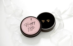 Stainless steel 7mm heart stud earrings with gold plating in Bijou Betty gift box with Happy 18th on the lid, ideal for daughters.