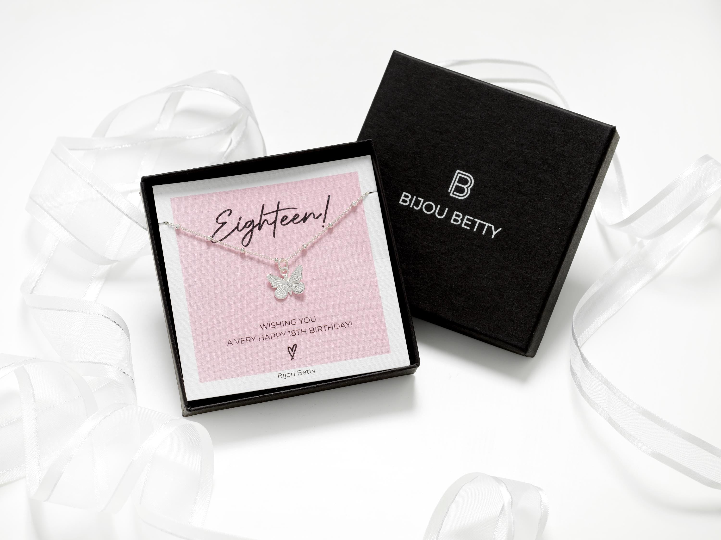 Bijou Betty 18th birthday necklace with gift bag, tissue, ribbon, and customised tag, great for friends.