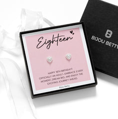 Bijou Betty 18th birthday earrings with gift bag, tissue, and personalised tag, ideal for milestone celebrations.