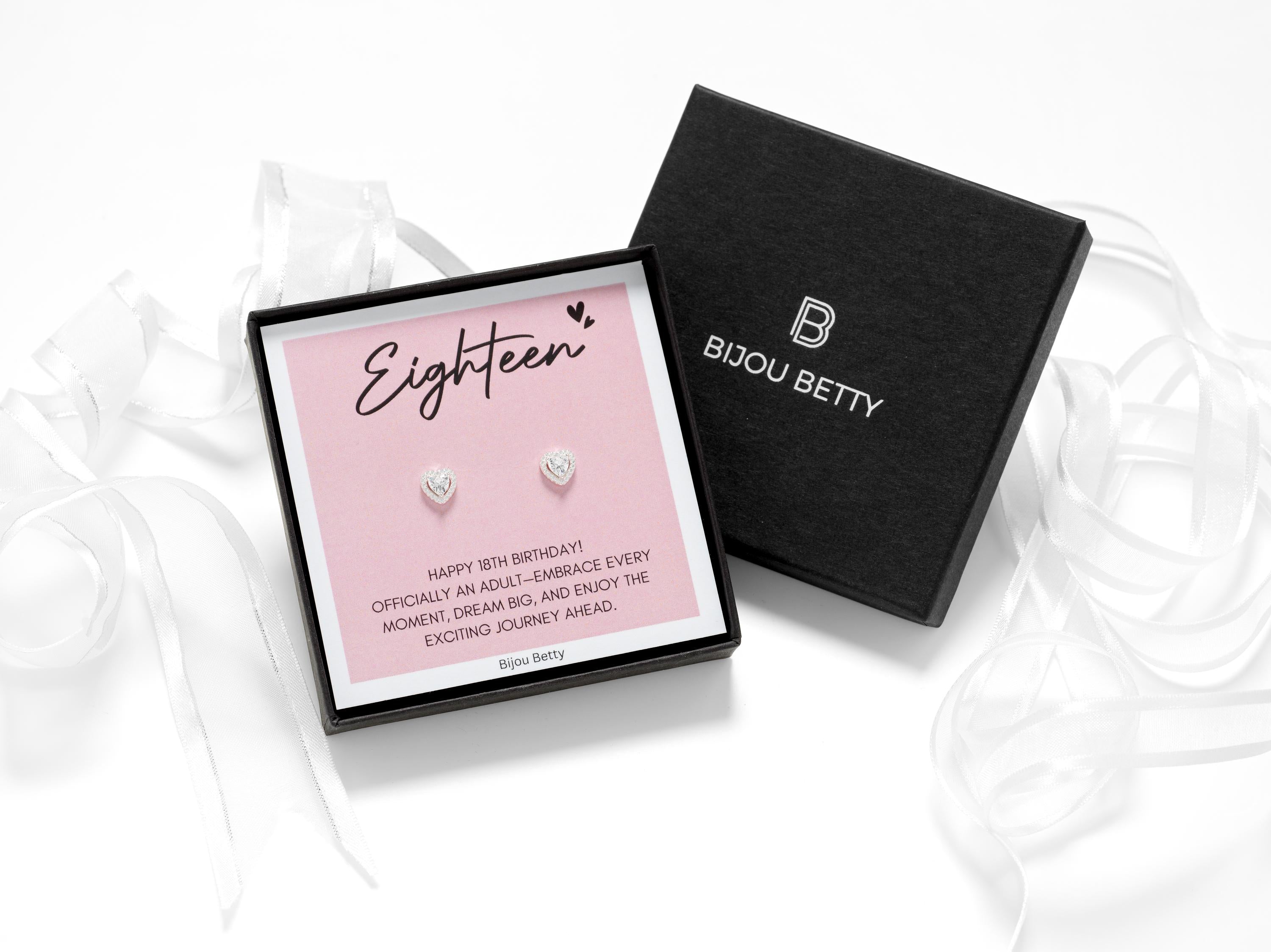 Bijou Betty 18th birthday earrings with gift bag, tissue, and personalised tag, ideal for milestone celebrations.