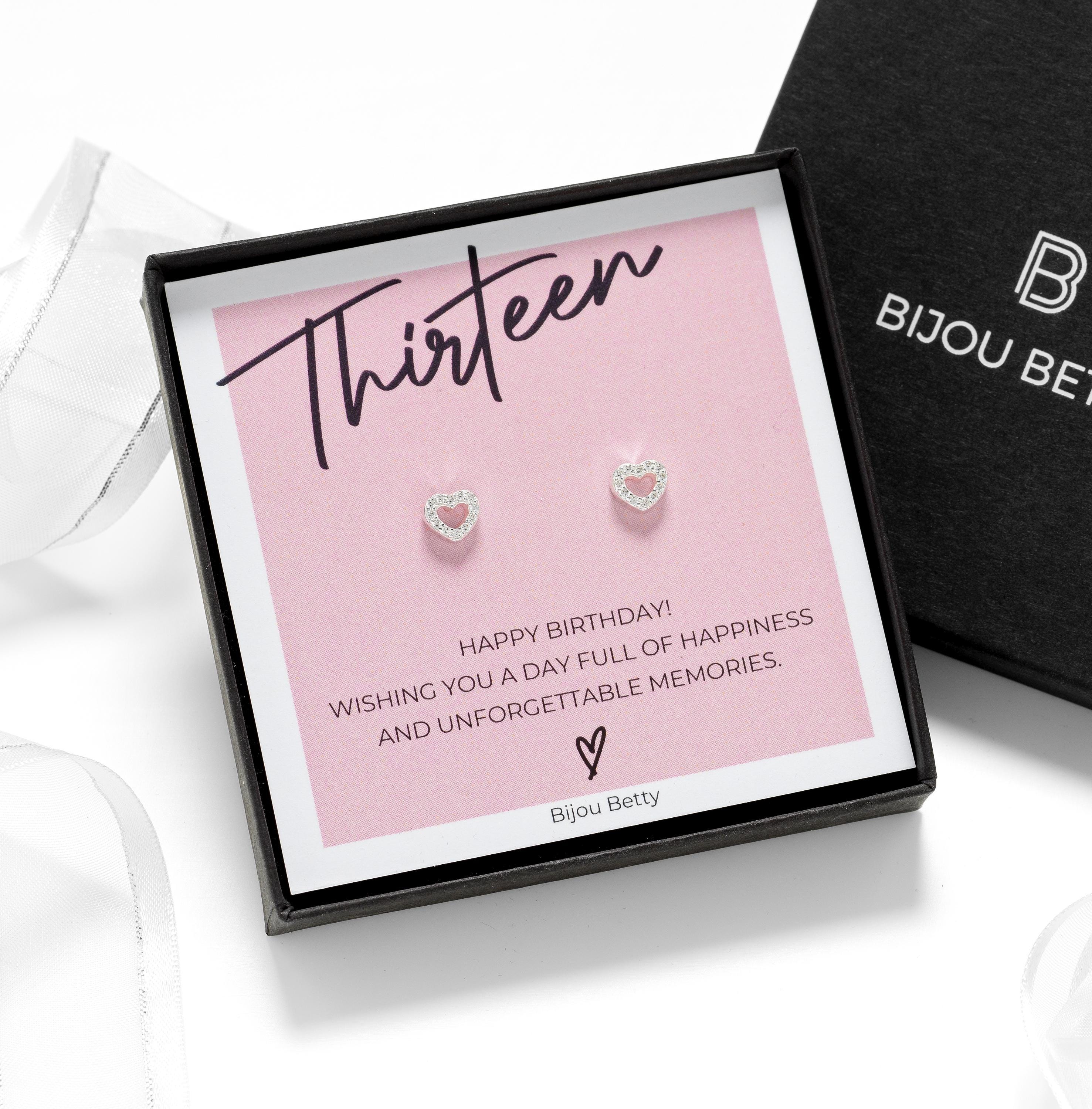 Bijou Betty 13th birthday earrings with optional gift bag and customised tag, great for granddaughters or nieces.