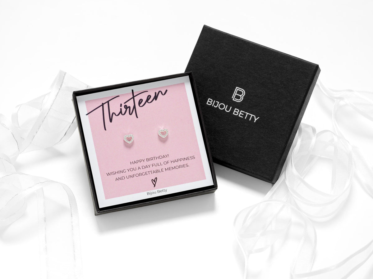 Sterling silver 7mm heart stud earrings with gold plating in Bijou Betty gift box with 13th birthday card, ideal for daughters.