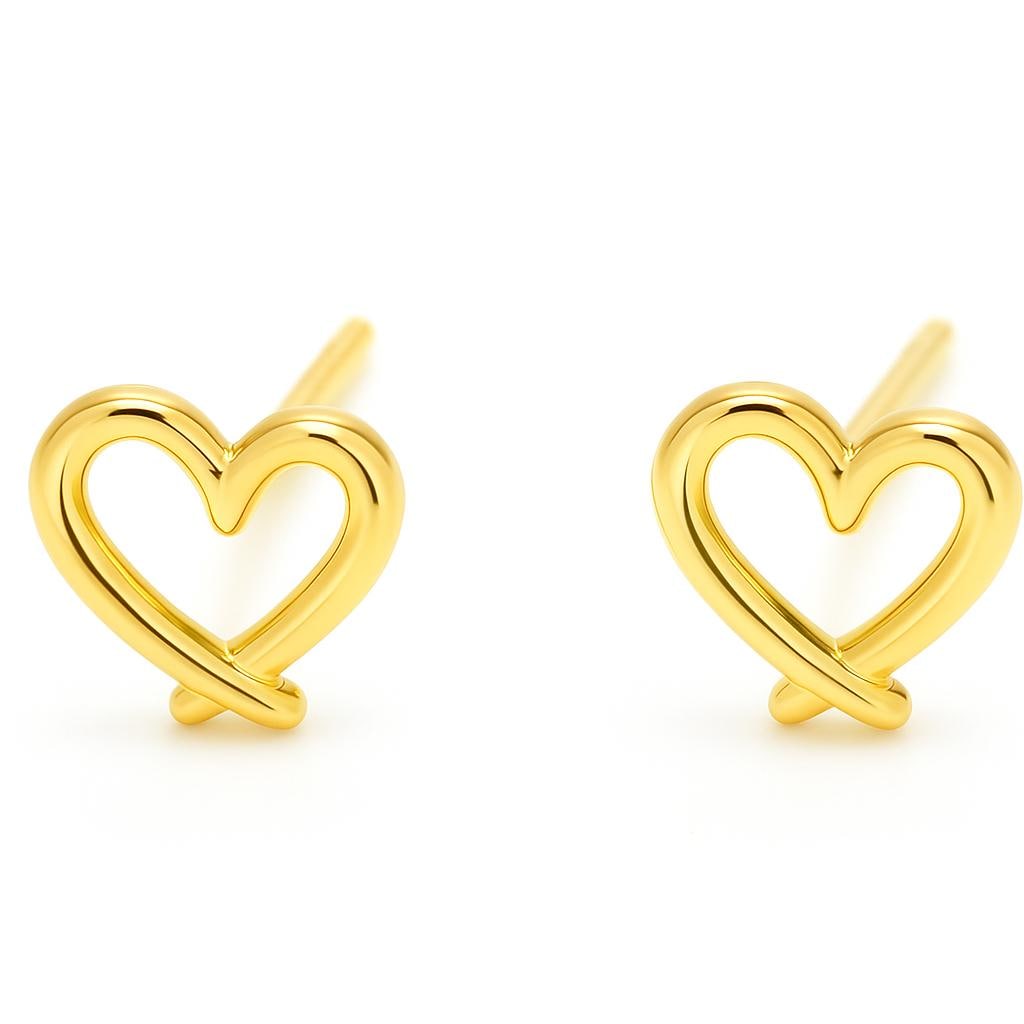 Close-up of stainless steel heart earrings with durable, shiny gold plating, ideal for sister gifts for Christmas.