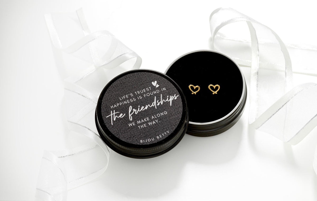 Gold-plated stainless steel 7mm heart stud earrings in Bijou Betty gift box with friendship quote, ideal for birthdays.