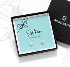 Bijou Betty 16th birthday earrings with gift bag, tissue, and personalised tag for milestone celebrations.