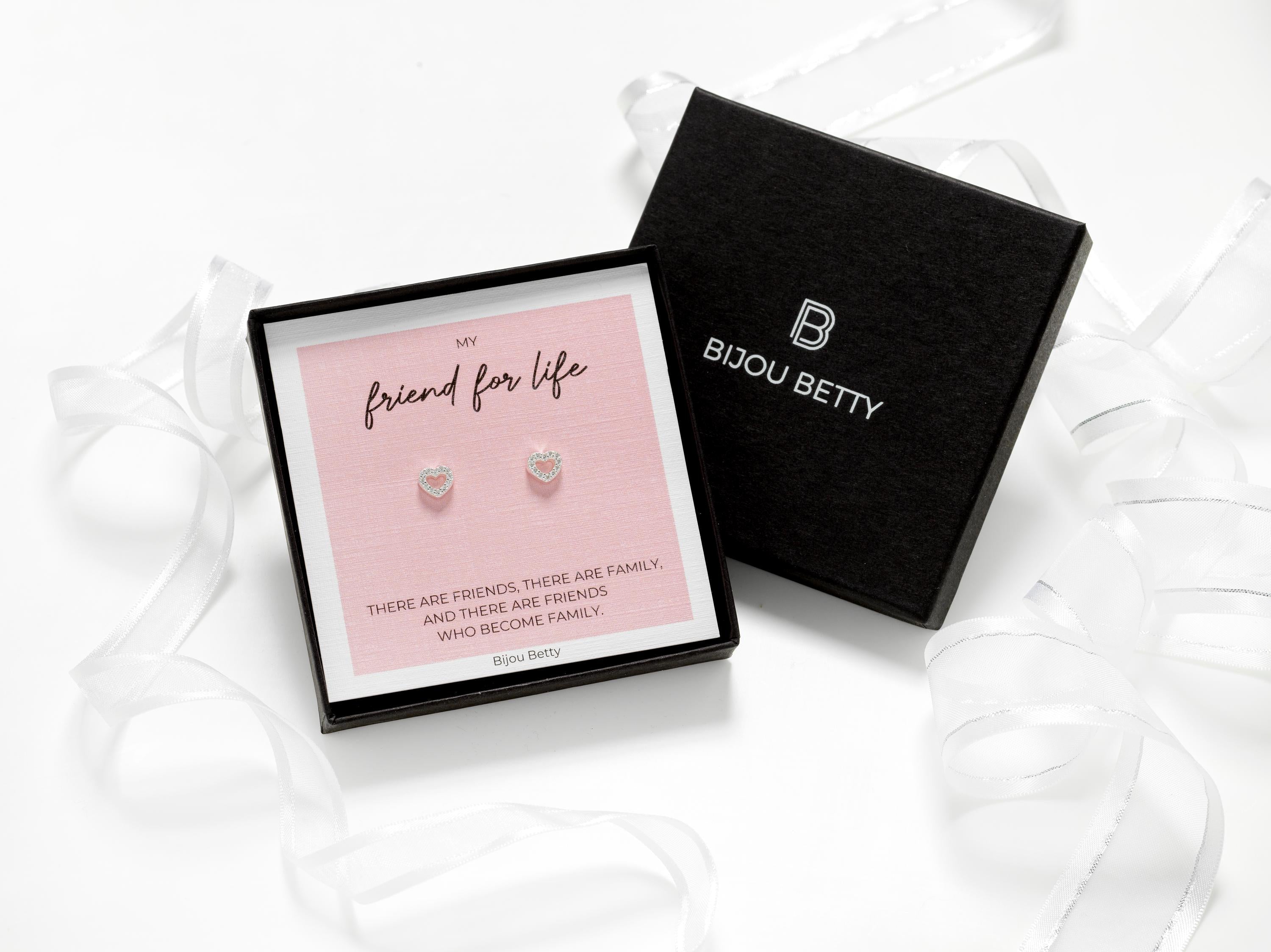 Bijou Betty friendship earrings with gift bag, tissue, and personalised tag, great for work bestie thank-yous.