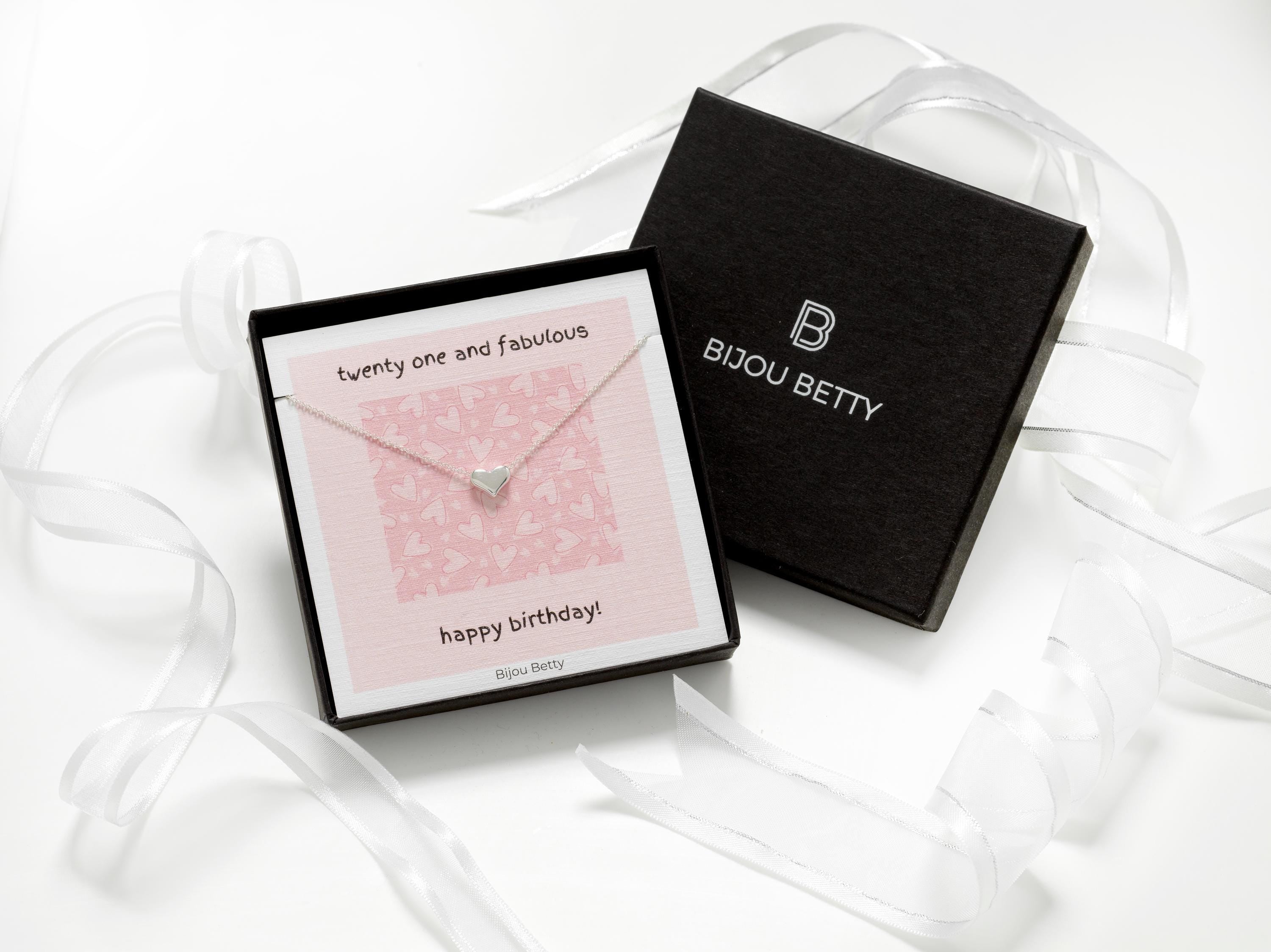 Bijou Betty 21st birthday necklace with gift bag, tissue, and personalised tag, great for friend gifts.