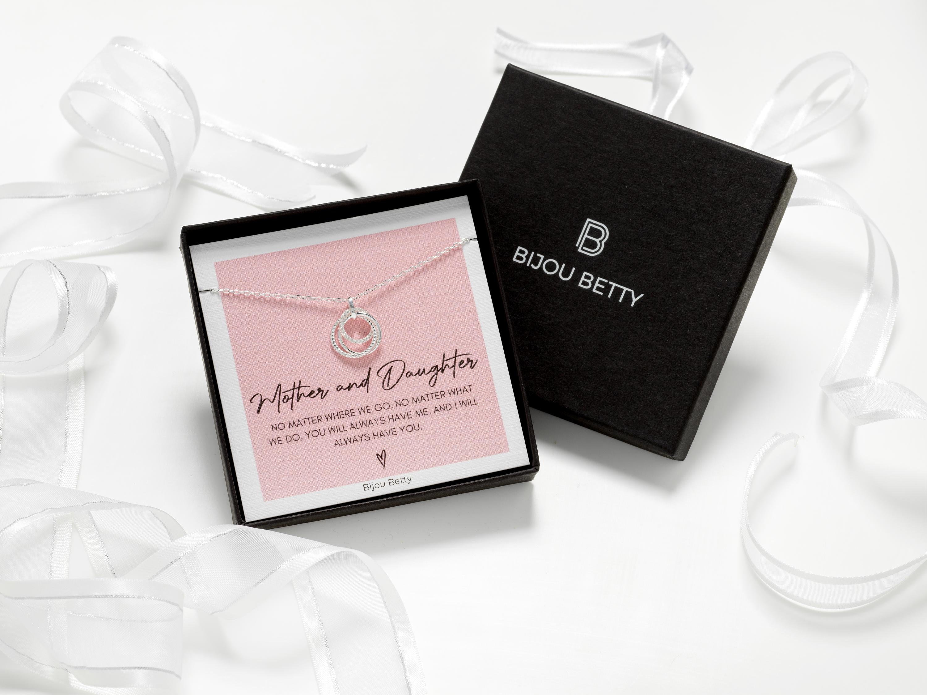 Bijou Betty mother-daughter necklace with gift bag, tissue, and personalised tag, great for wedding gifts.