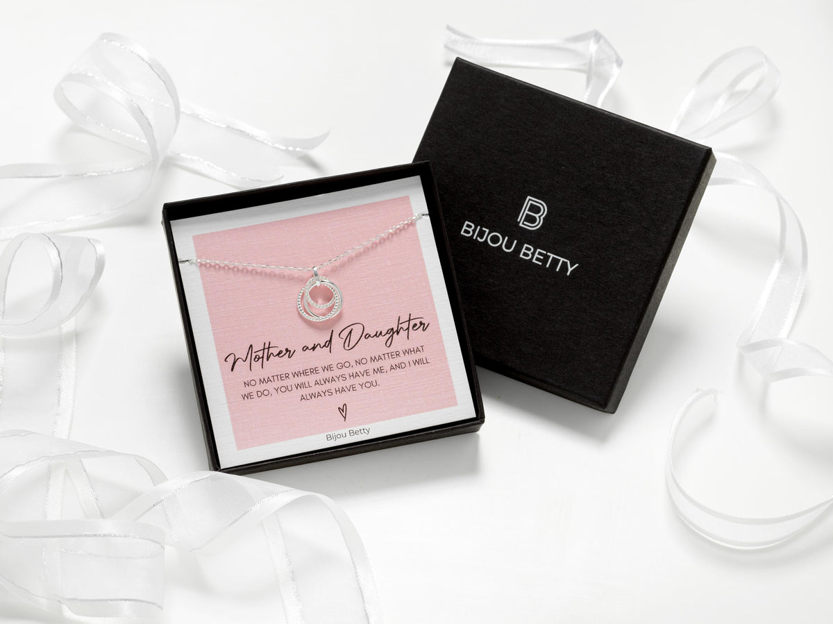Sterling silver 3-ring necklace with CZ in Bijou Betty gift box with mother-daughter card, ideal for mums.