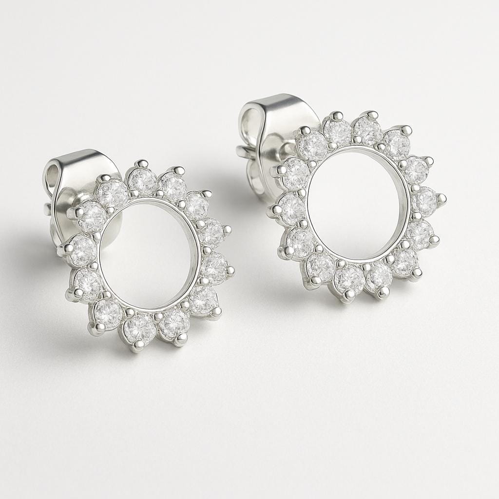 Solid sterling silver sunburst earrings with cubic zirconia, gift for colleagues and work friends.