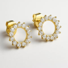 Gold plated sunburst earrings with cubic zirconia, gift for colleagues and work friends.