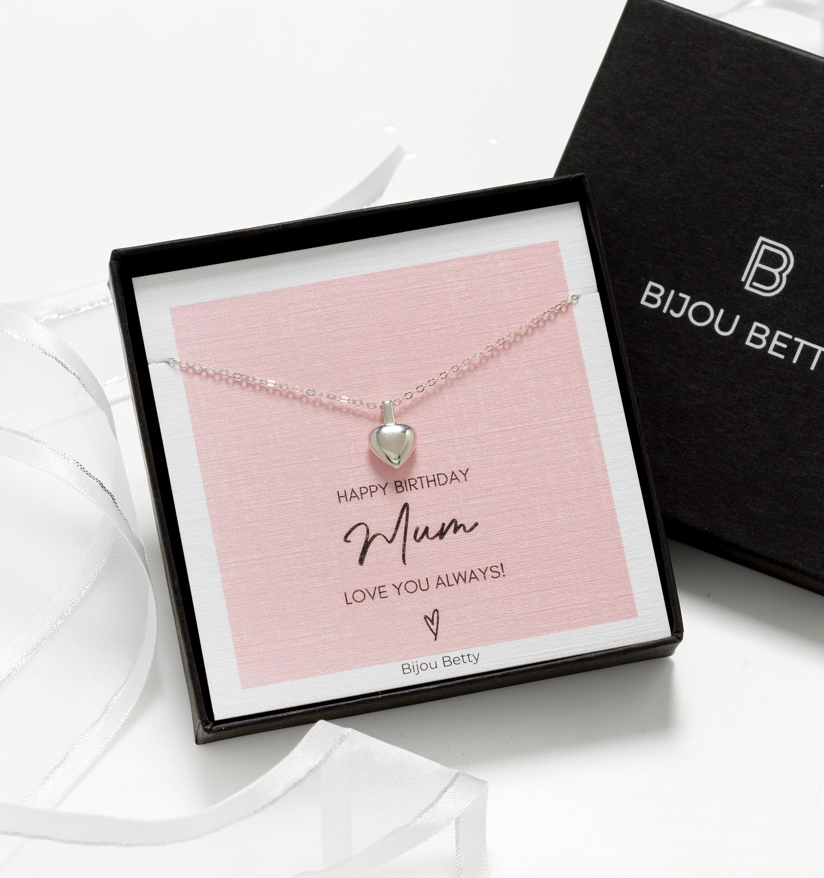 Bijou Betty mum birthday necklace with gift bag, tissue, and personalised tag, great for heartfelt gifts.