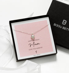 Bijou Betty mum birthday necklace with gift bag, tissue, and personalised tag, great for heartfelt gifts.