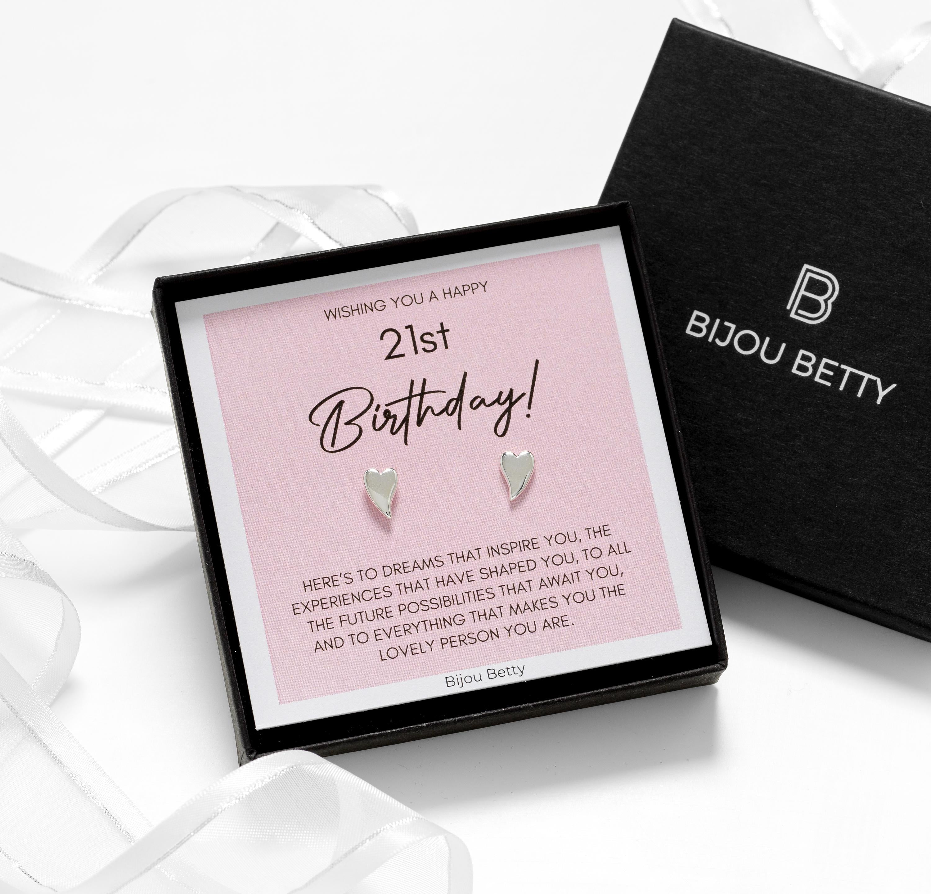 21st milestone birthday sterling silver earrings, with a luxury gift box and matching bag.