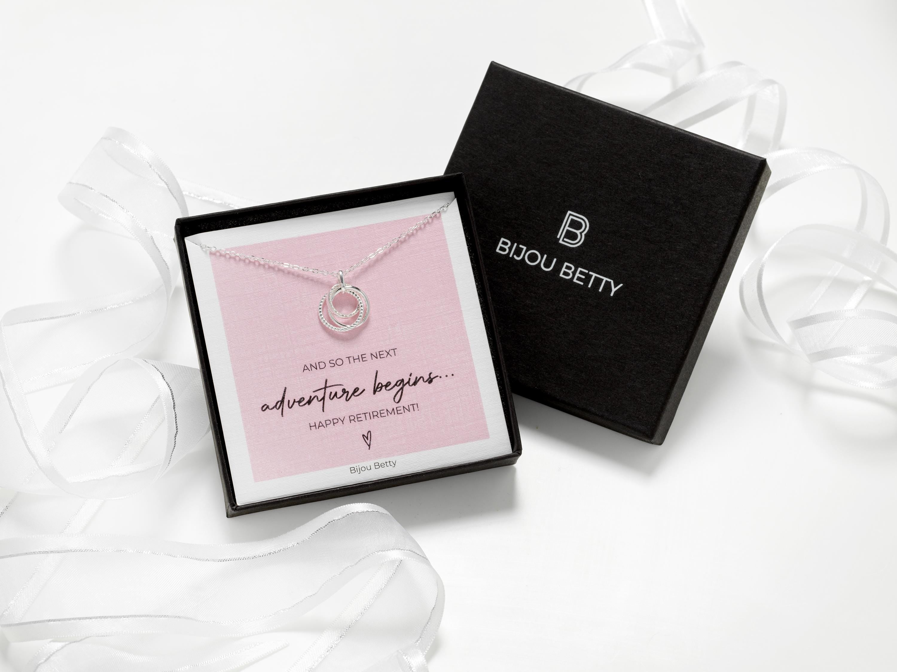 Bijou Betty retirement necklace with gift bag, ribbon, tissue, and customised tag, great for farewells.