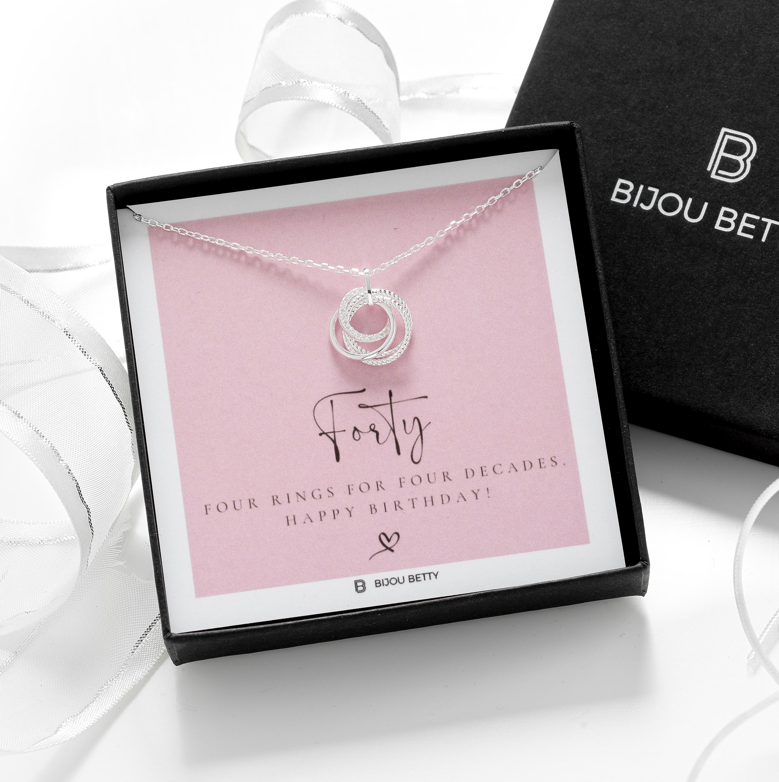 Bijou Betty 40th birthday necklace with tissue, ribbon, card, and customised tag, great for sisters.