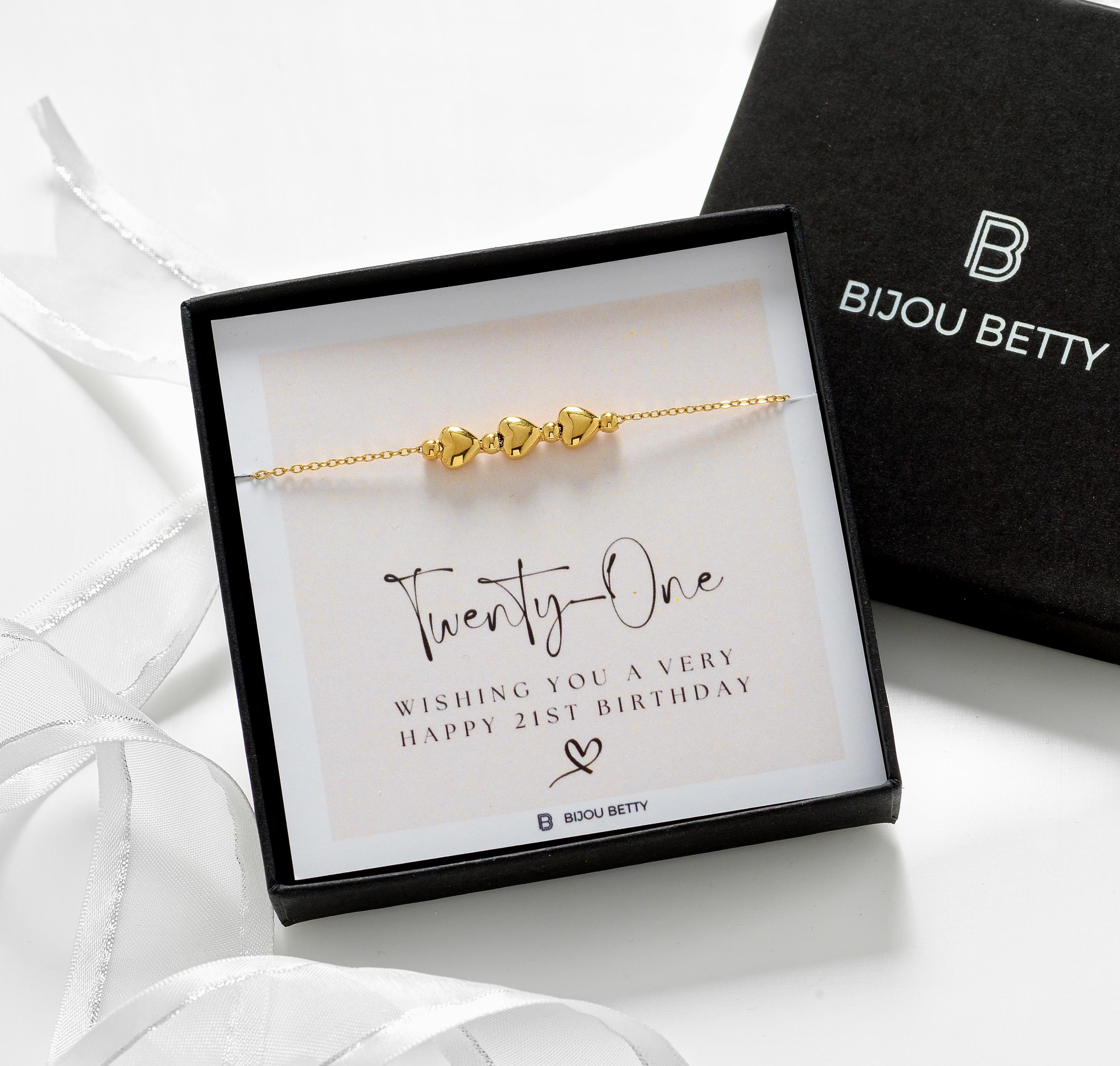 Bijou Betty 21st birthday bracelet with tissue, card, customised tag, and gift bag, great for friends.