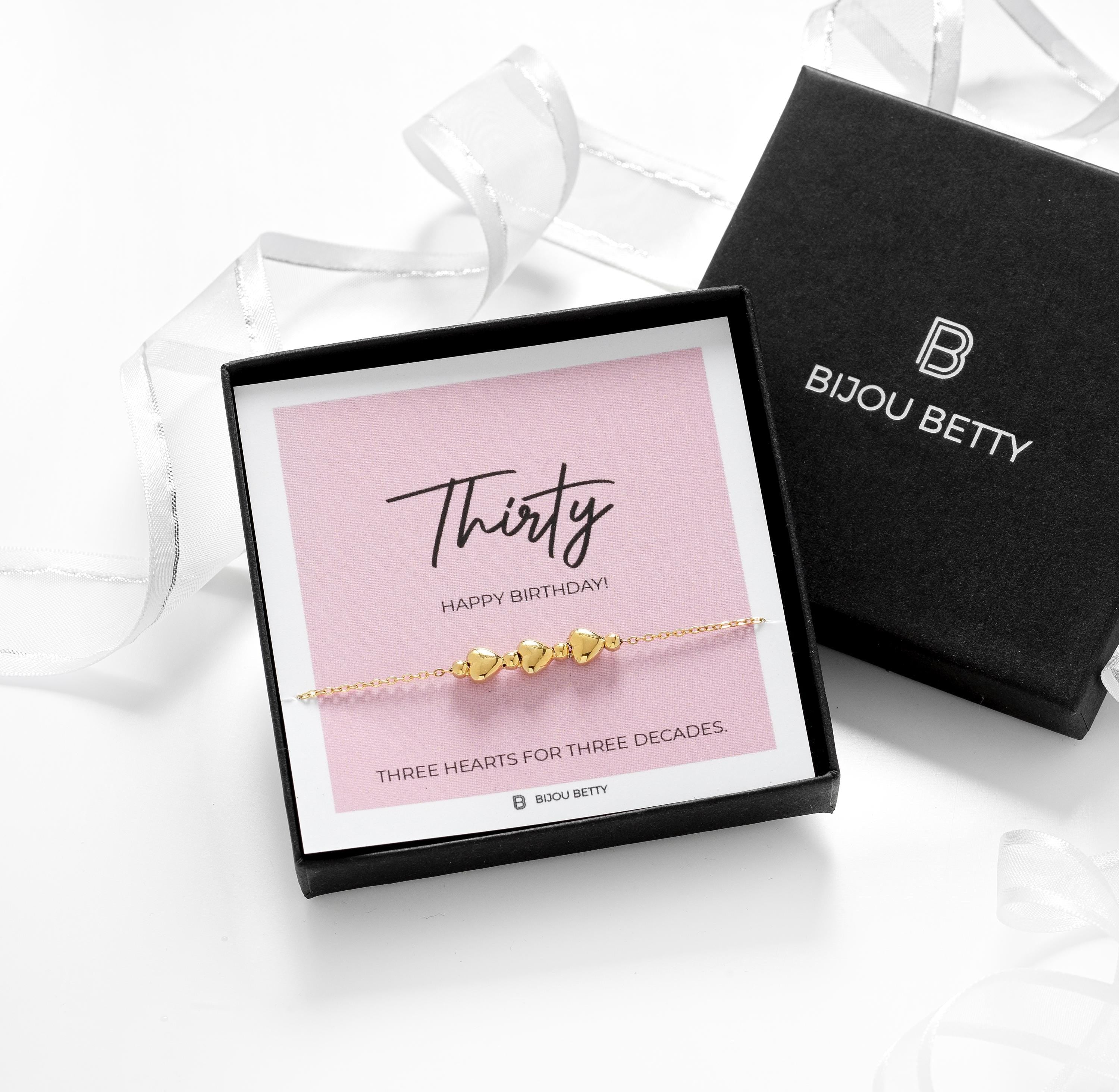 30th birthday gold 3 heart bracelet in gift box.