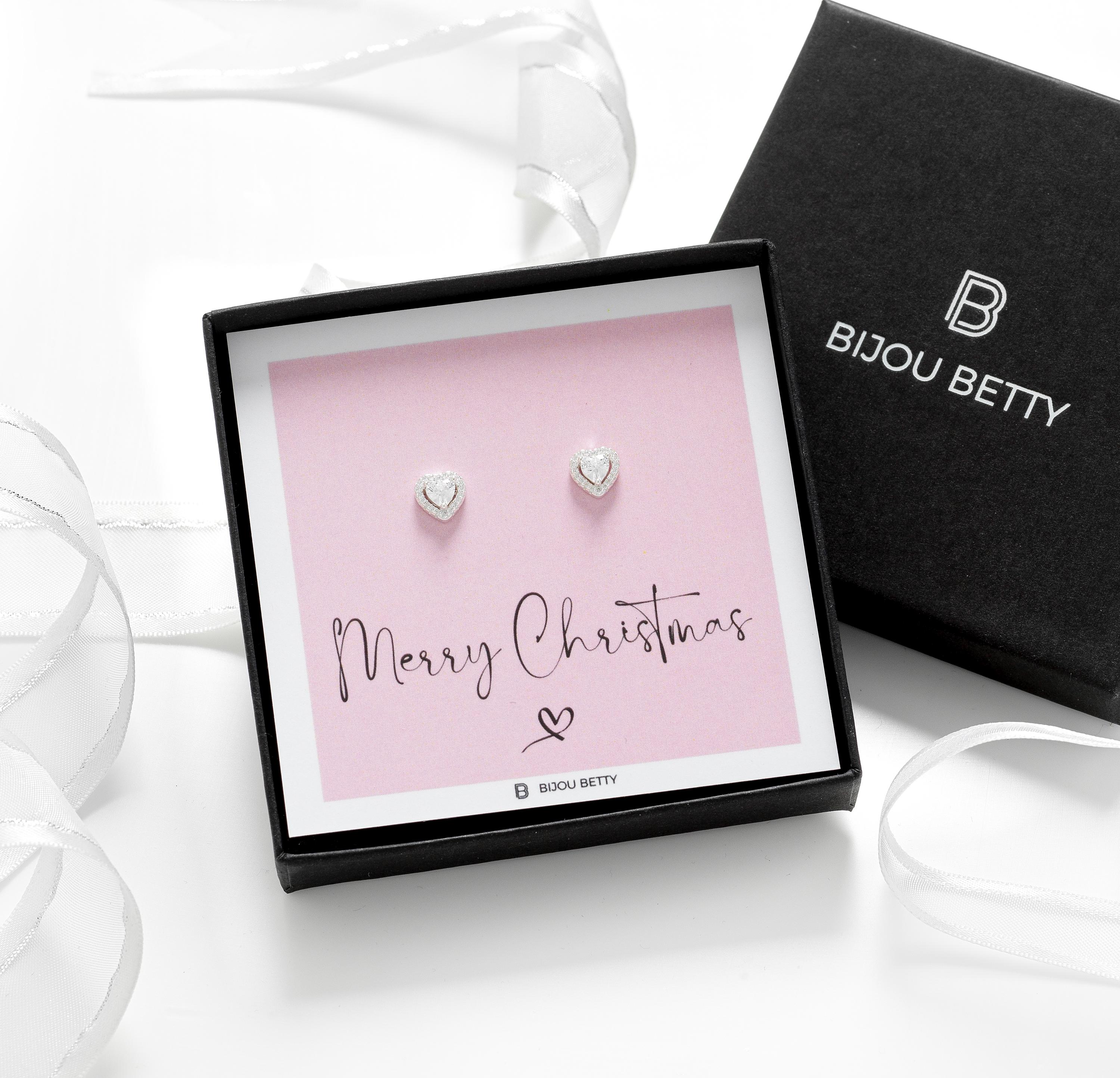 Bijou Betty Christmas earrings with tissue, card, customised tag, and gift bag, great for girlfriends.