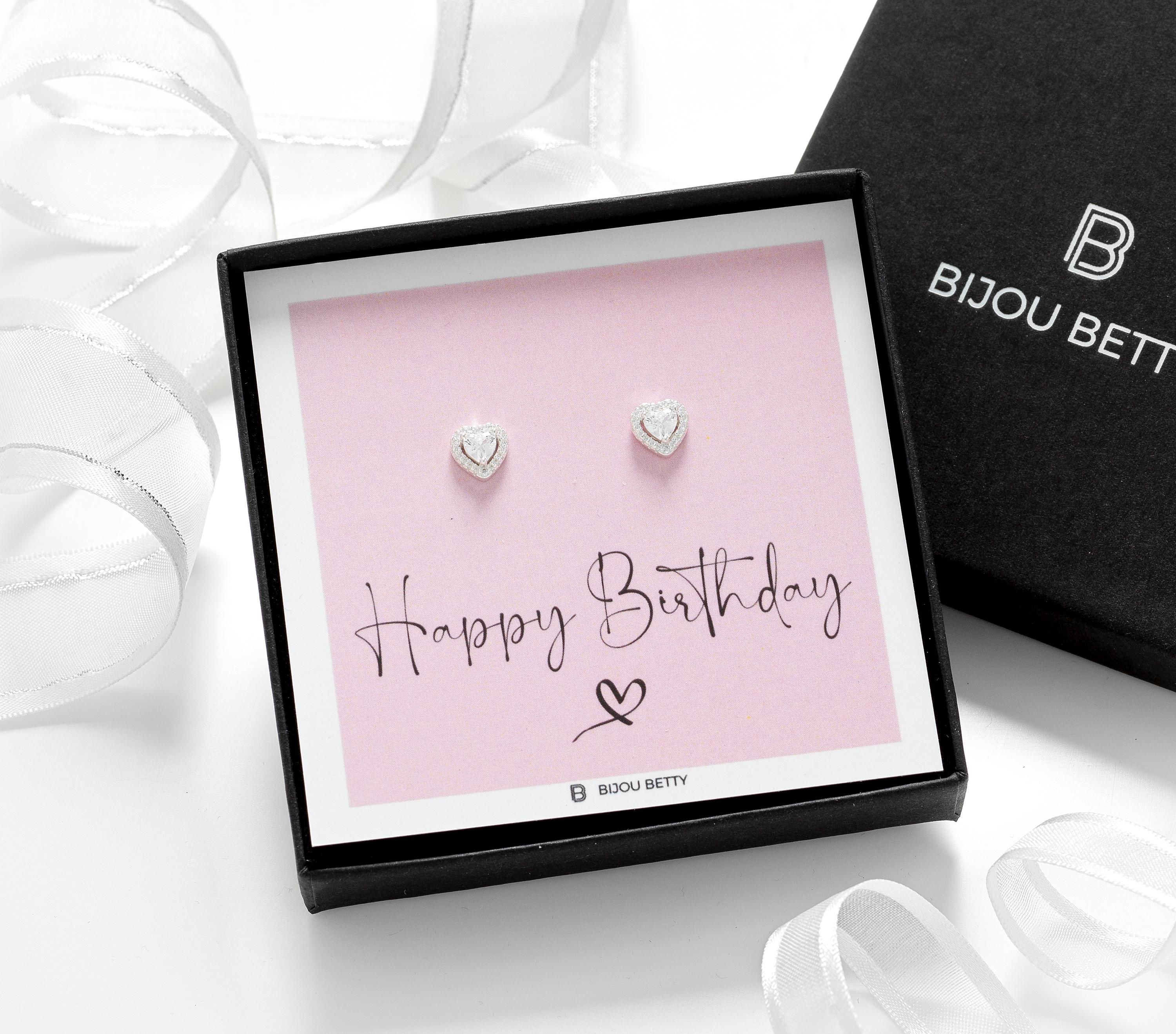 Bijou Betty birthday earrings with tissue, ribbon, card, and customised tag, great for nieces.