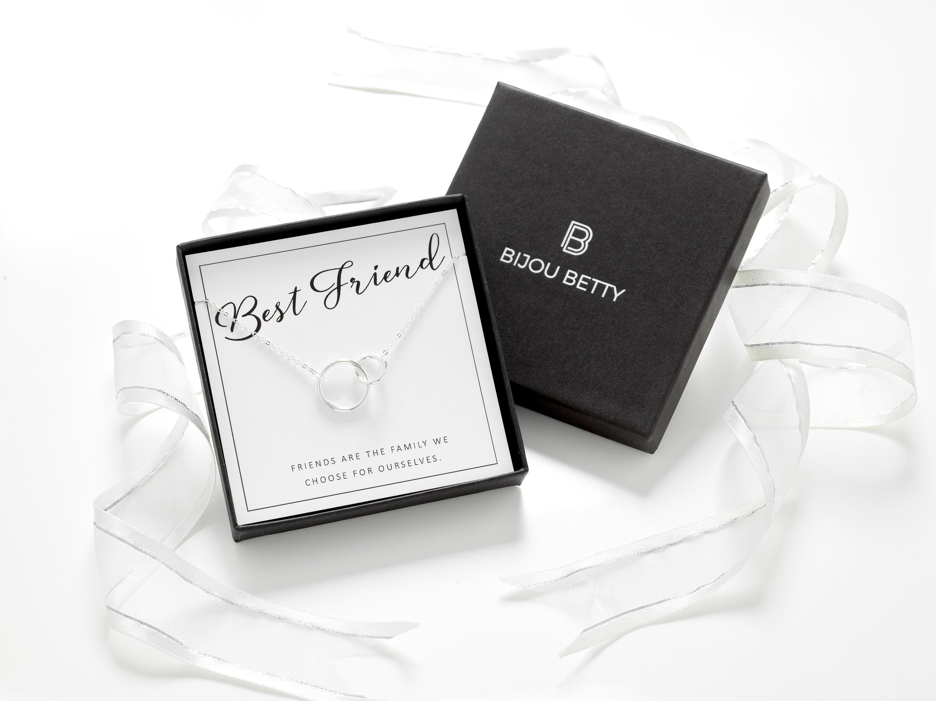 Sterling silver interlinked necklace in Bijou Betty box with friend card, ideal for birthdays.