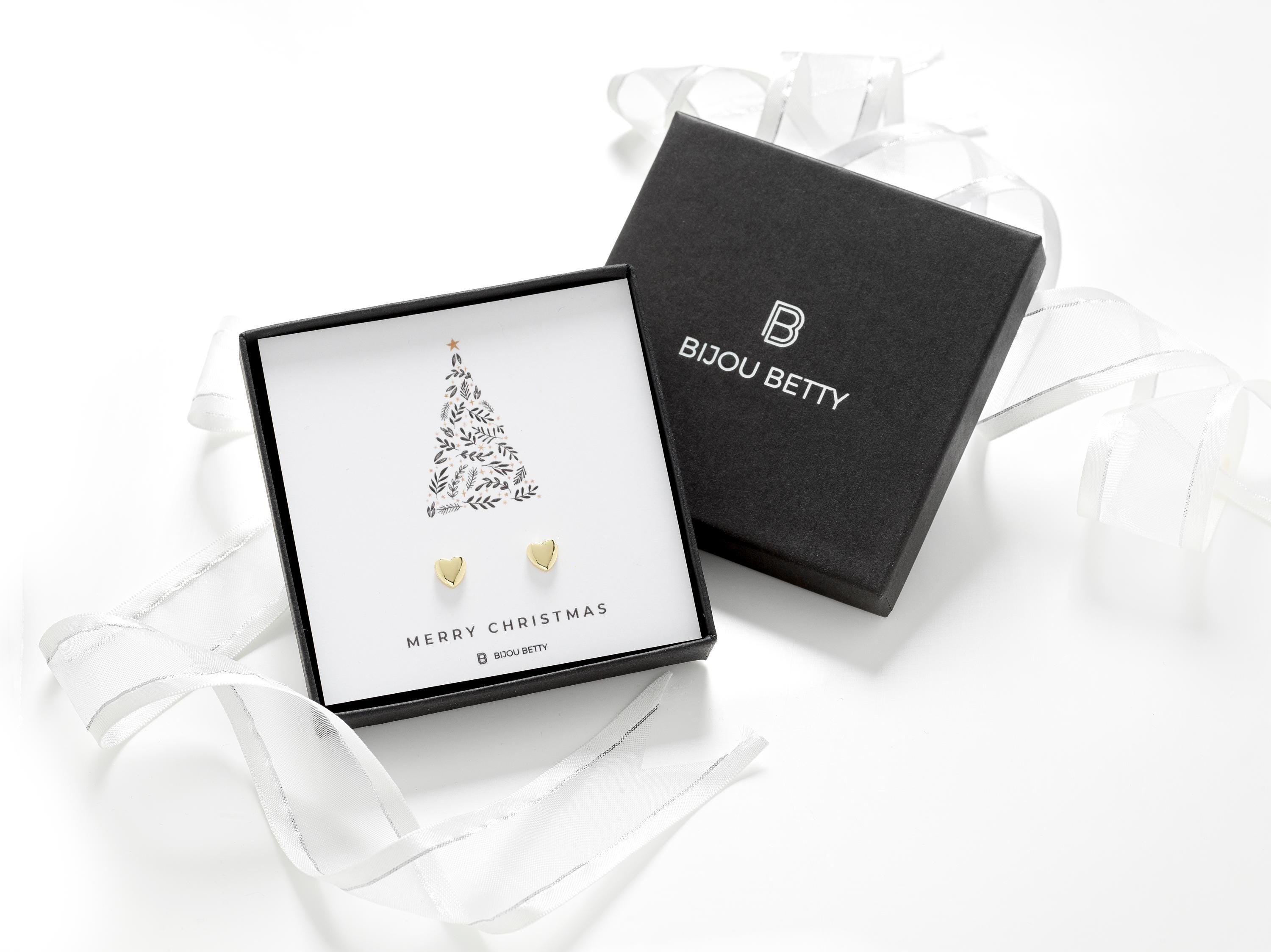 Bijou Betty Christmas earrings with tissue, ribbon, card, and customised tag, great for mums.