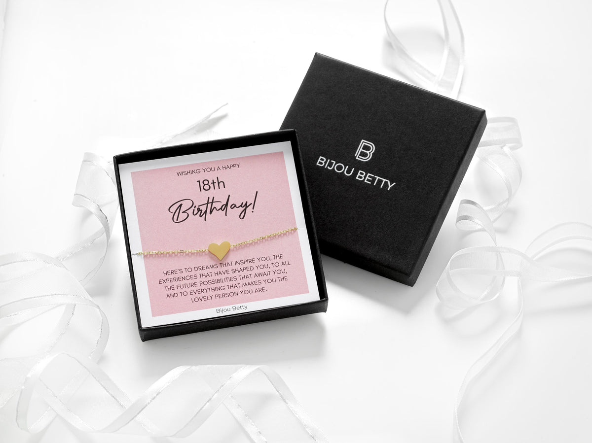 18k gold-plated 10mm heart bracelet in Bijou Betty box with 18th birthday card, ideal for daughters.