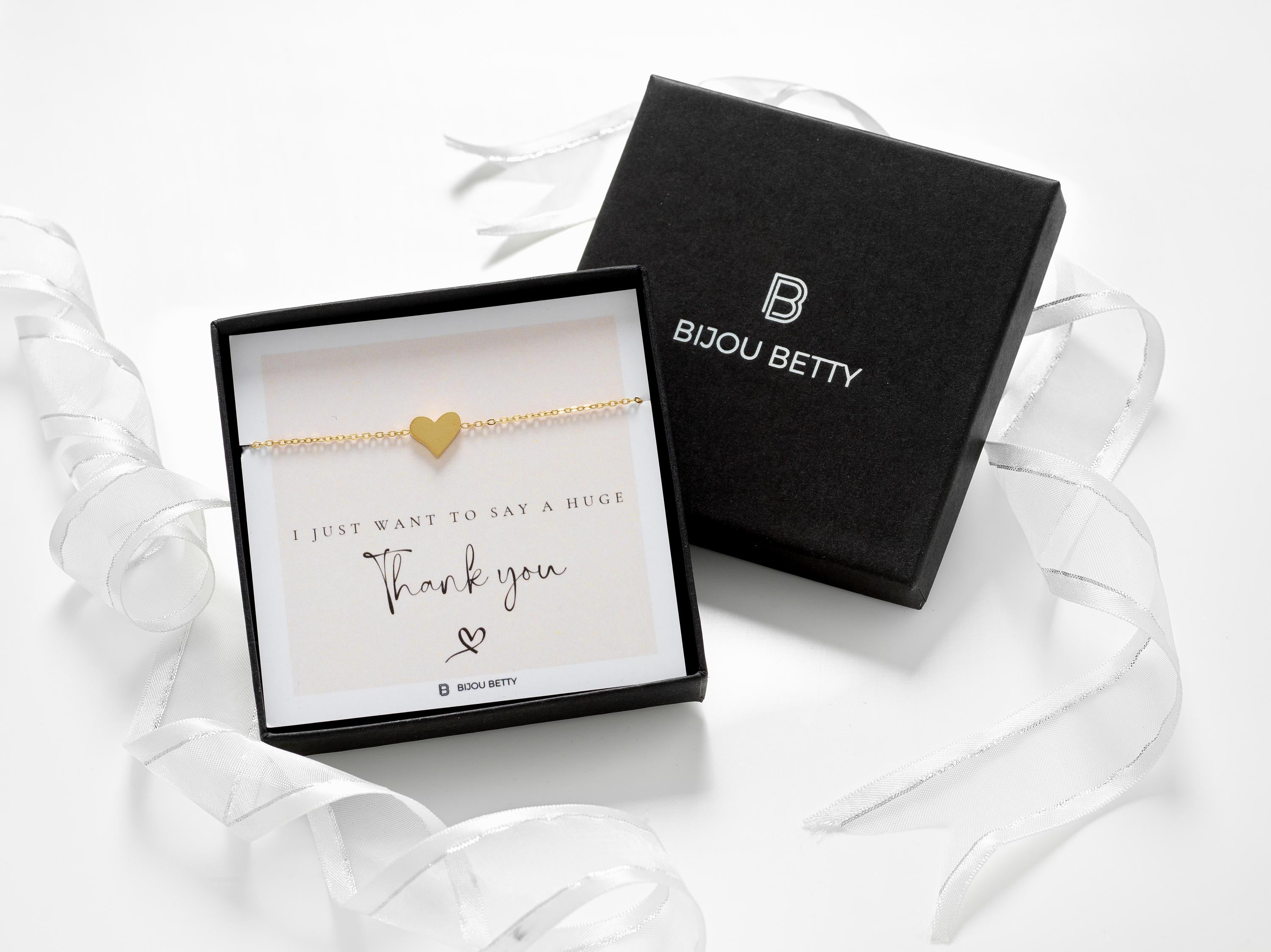 Bijou Betty thank you bracelet with tissue, card, customised tag, and gift bag, great for colleagues.