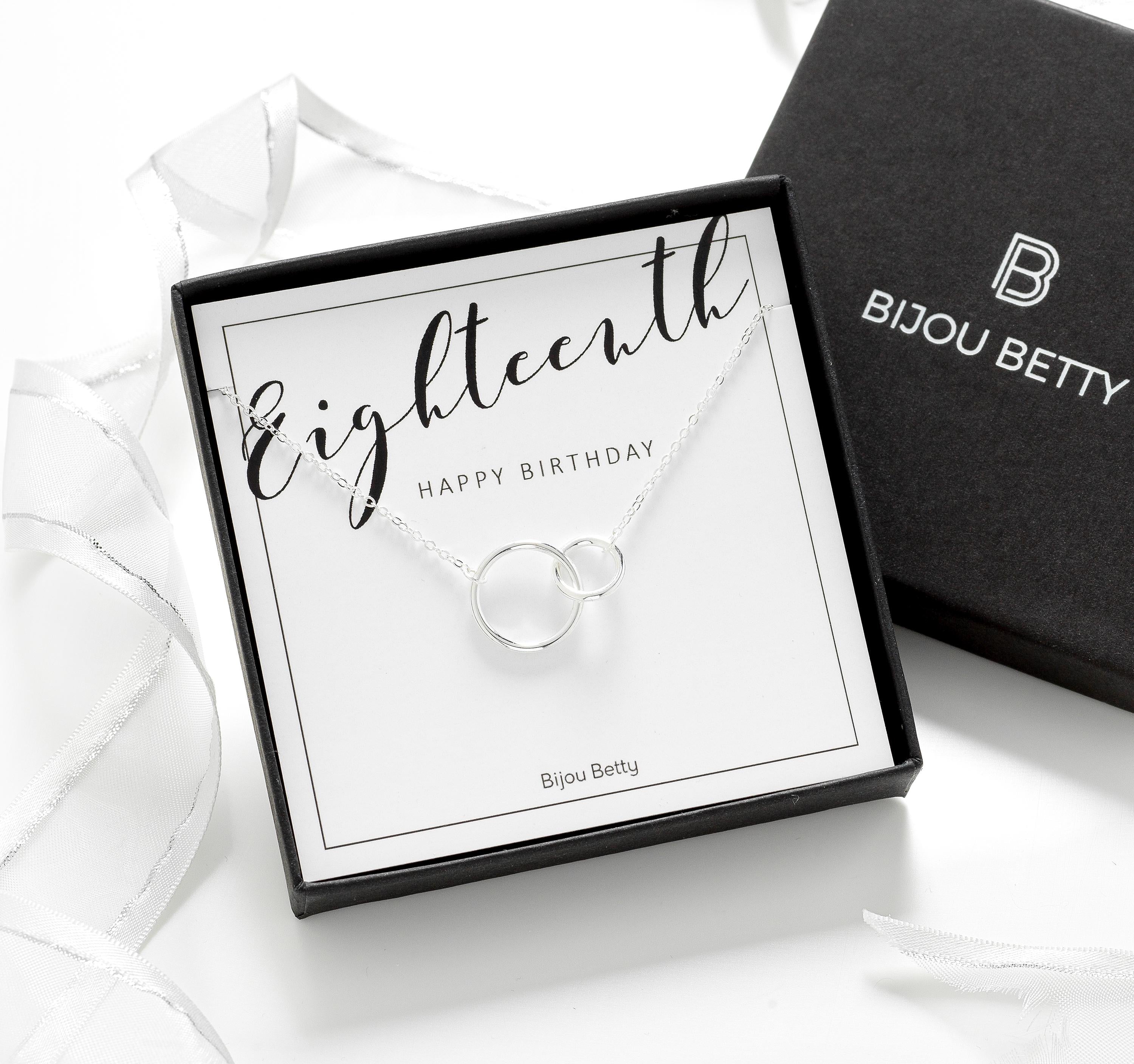 Close up of 18th birthday necklace in a gift box.