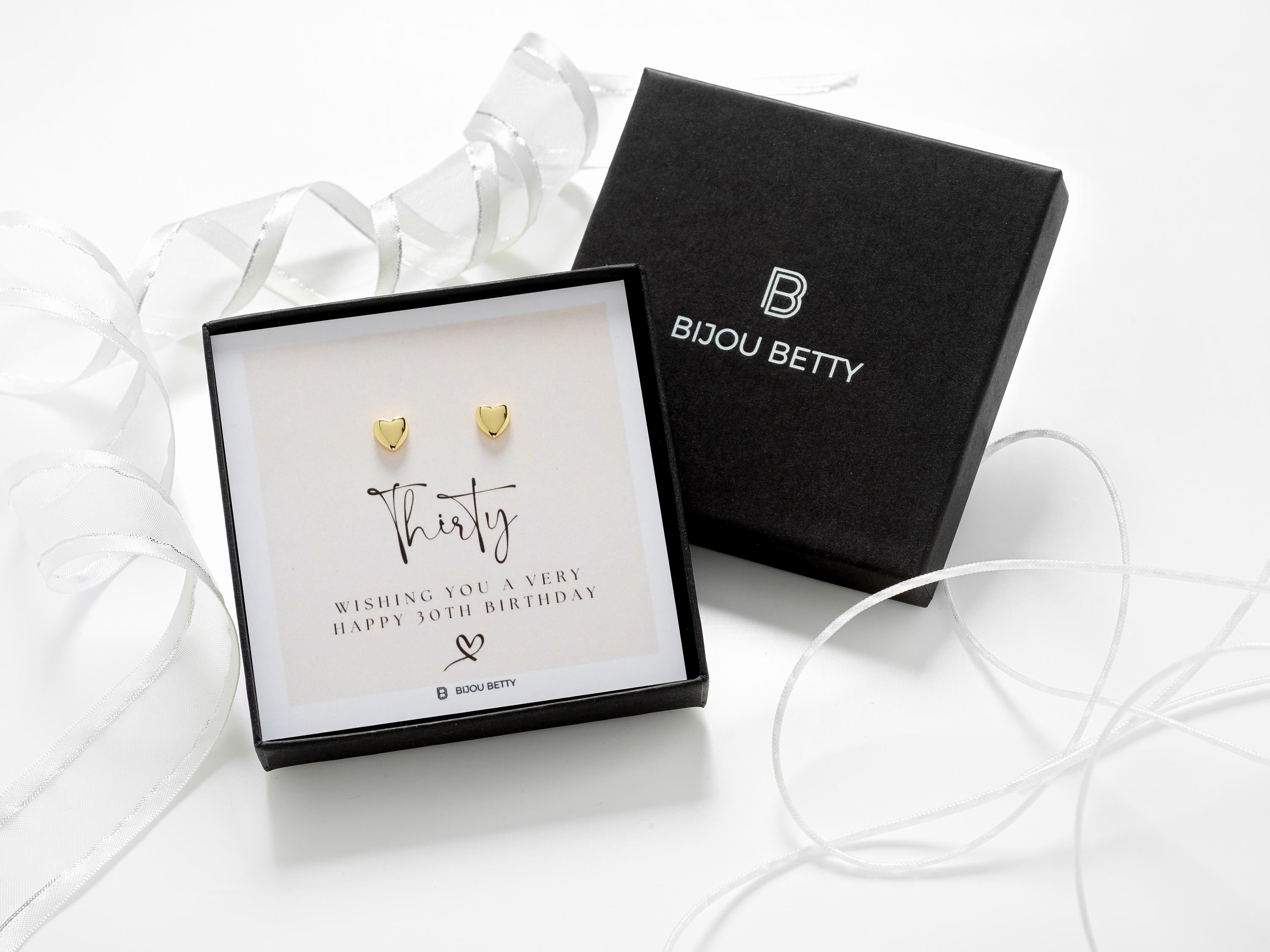 Bijou Betty 30th birthday earrings with tissue, ribbon, card, and customised tag, great for friends and colleagues.