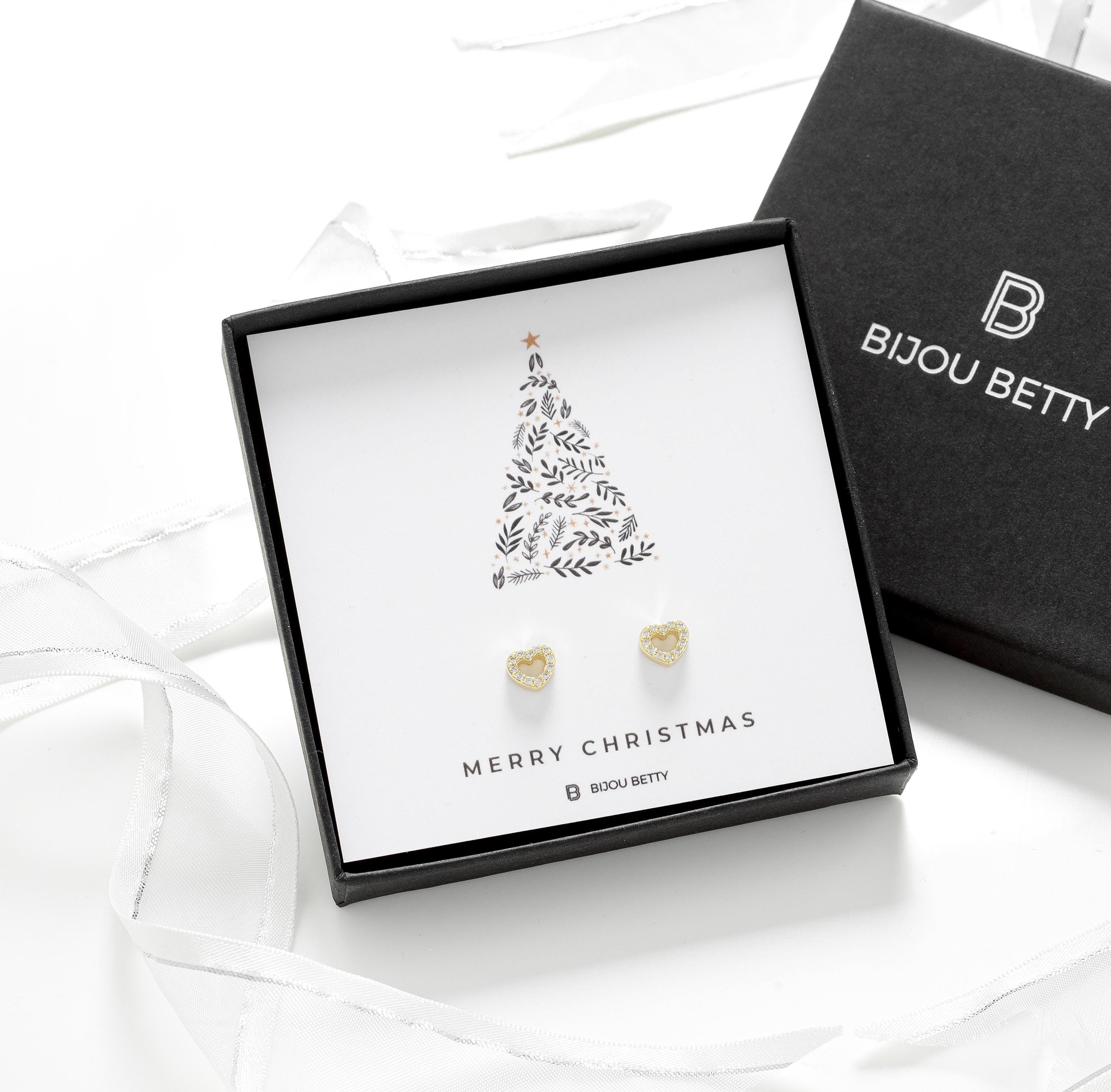 Bijou Betty Christmas earrings with tissue, card, customised tag, and gift bag, great for girlfriends.