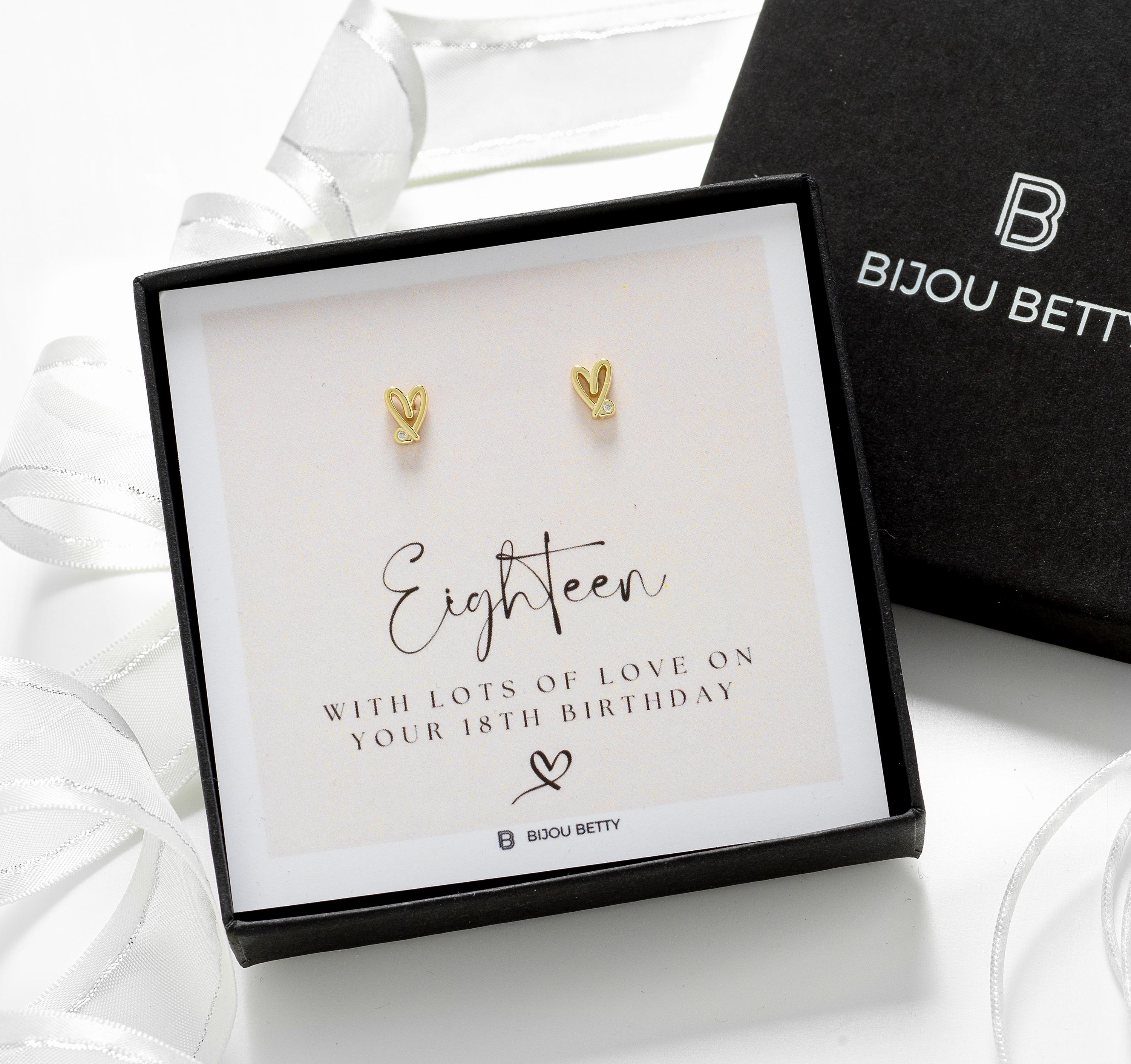 Bijou Betty 18th birthday earrings with tissue, ribbon, card, and customised tag, great for nieces.