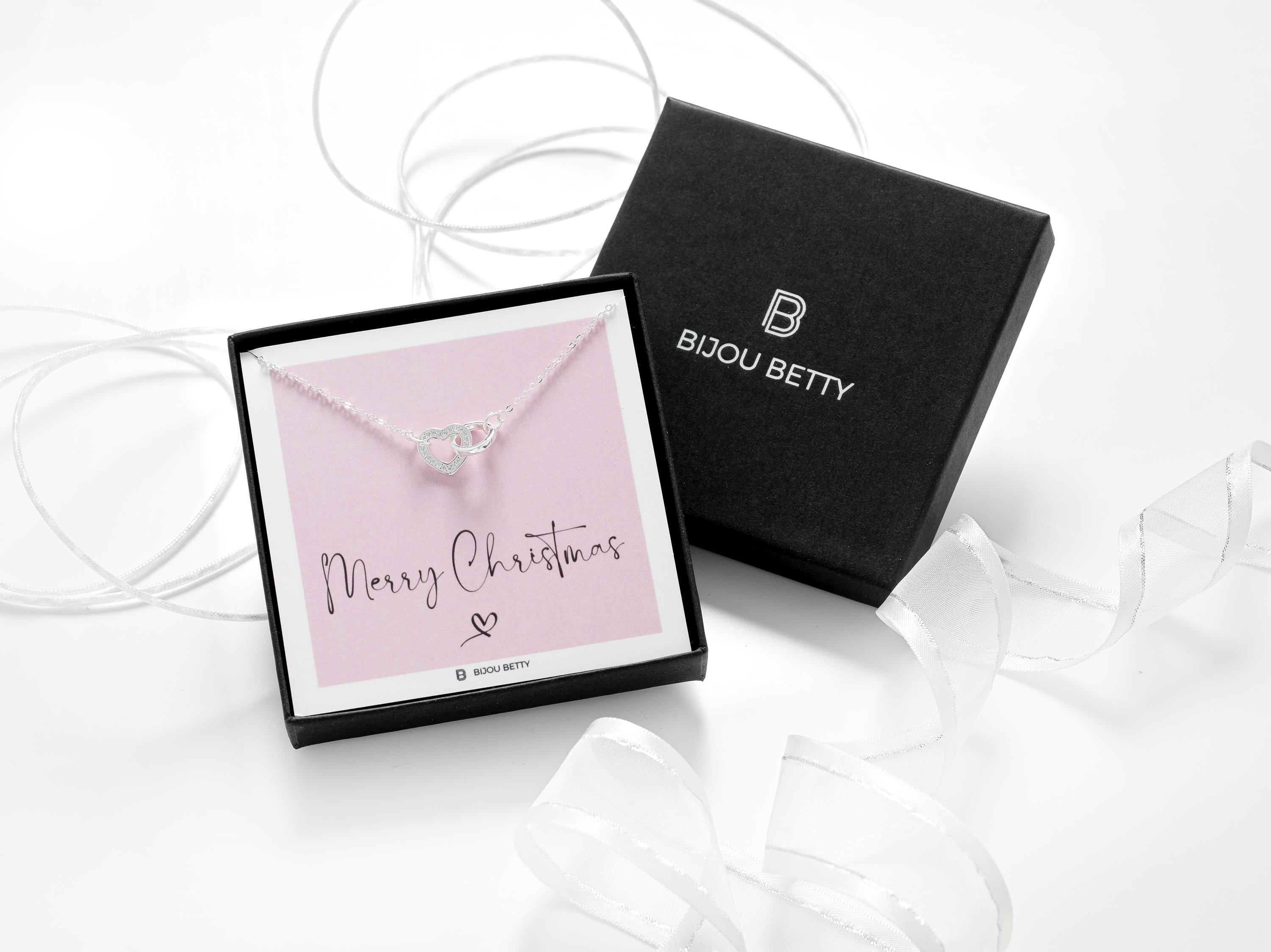 Sterling silver 18mm heart necklace with CZ in Bijou Betty box with Merry Christmas card, ideal for daughters.