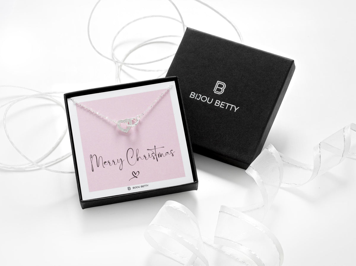 Sterling silver 18mm heart necklace with CZ in Bijou Betty box with Merry Christmas card, ideal for daughters.