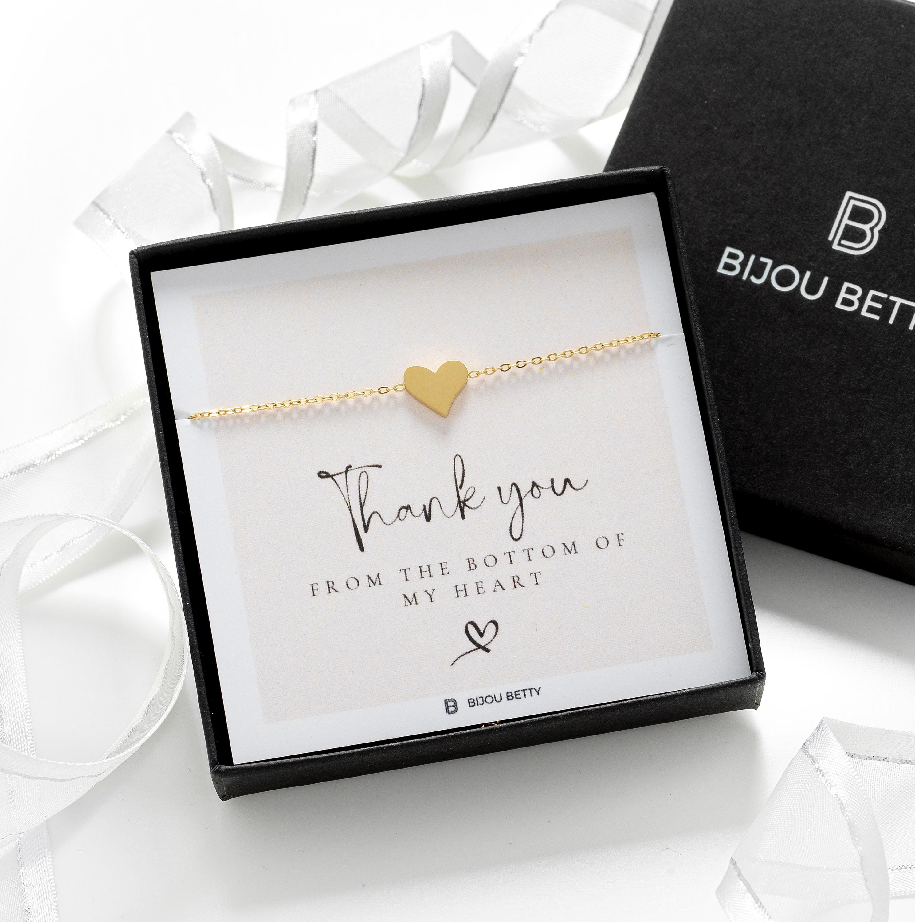 Bijou Betty thank you bracelet with tissue, card, customised tag, and gift bag, great for friends.