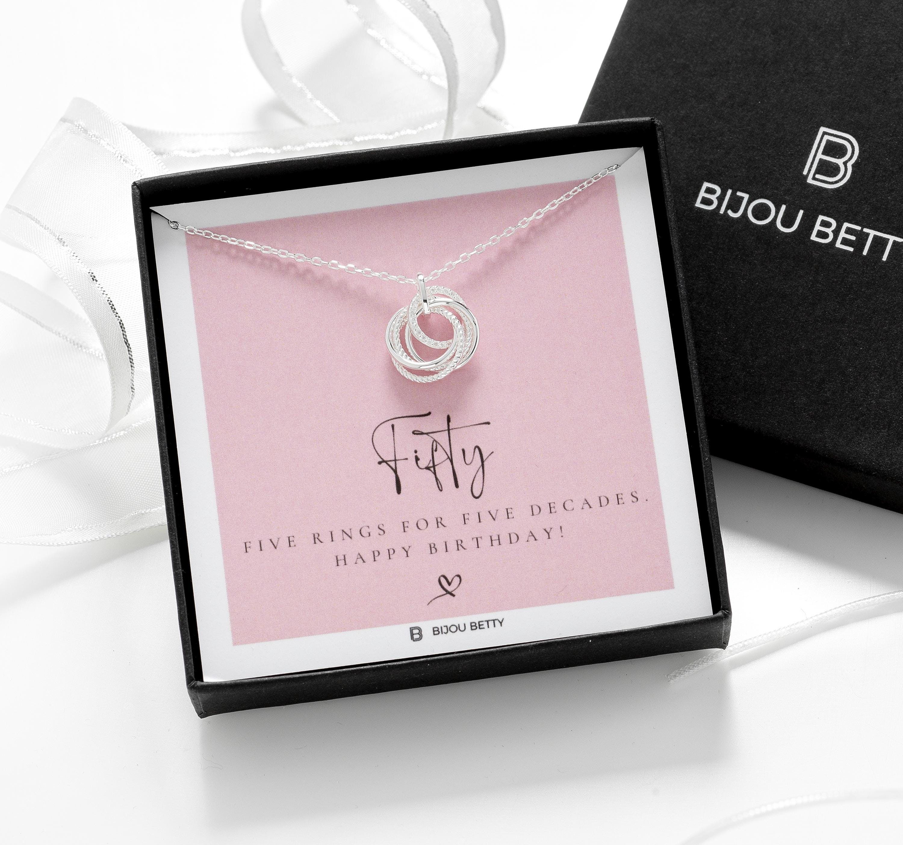 Bijou Betty five-ring necklace with tissue, card, customised tag, and gift bag, great for friends.
