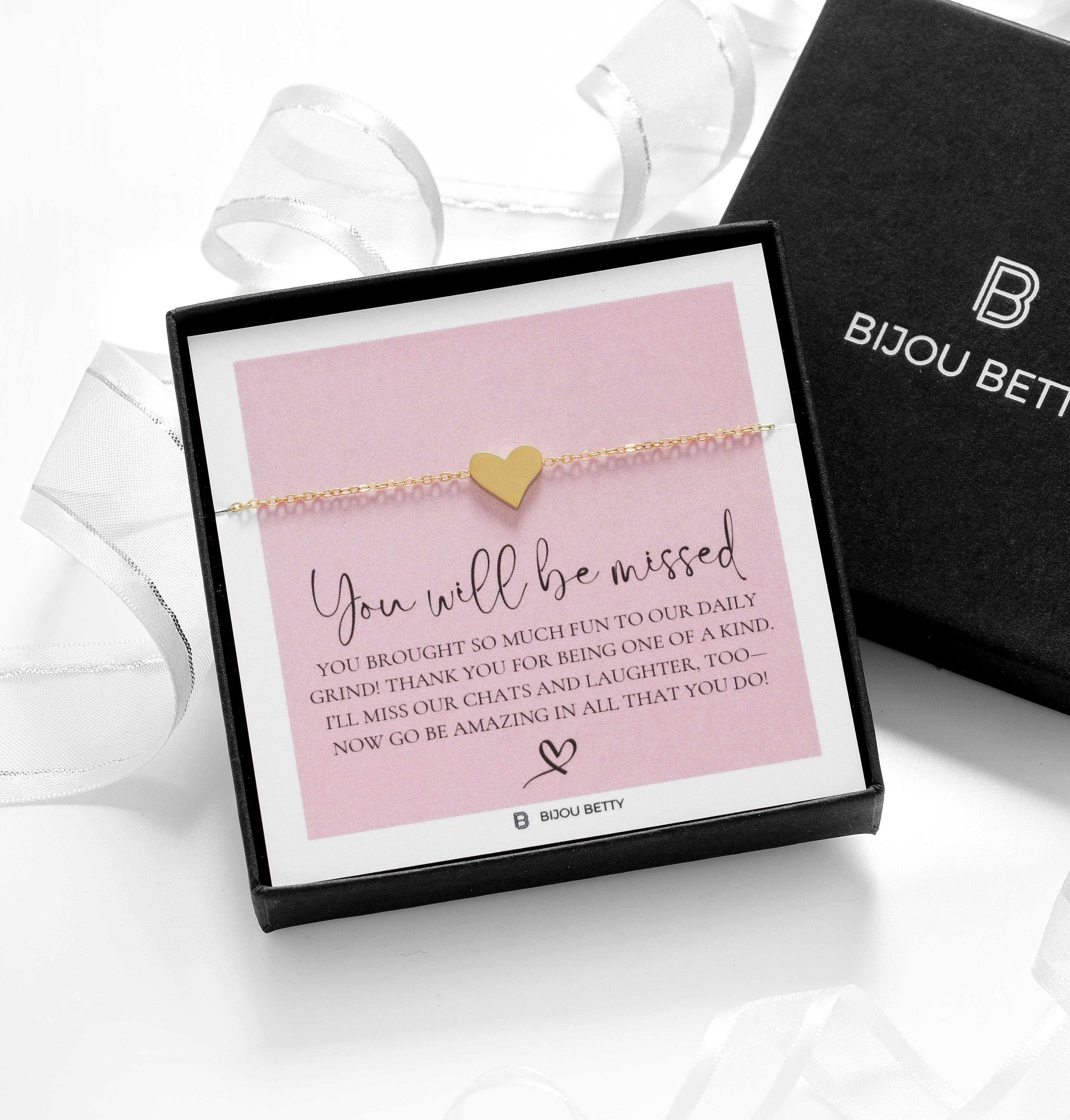 Bijou Betty leaving gift bracelet with tissue, card, customised tag, and gift bag, great for work friends.