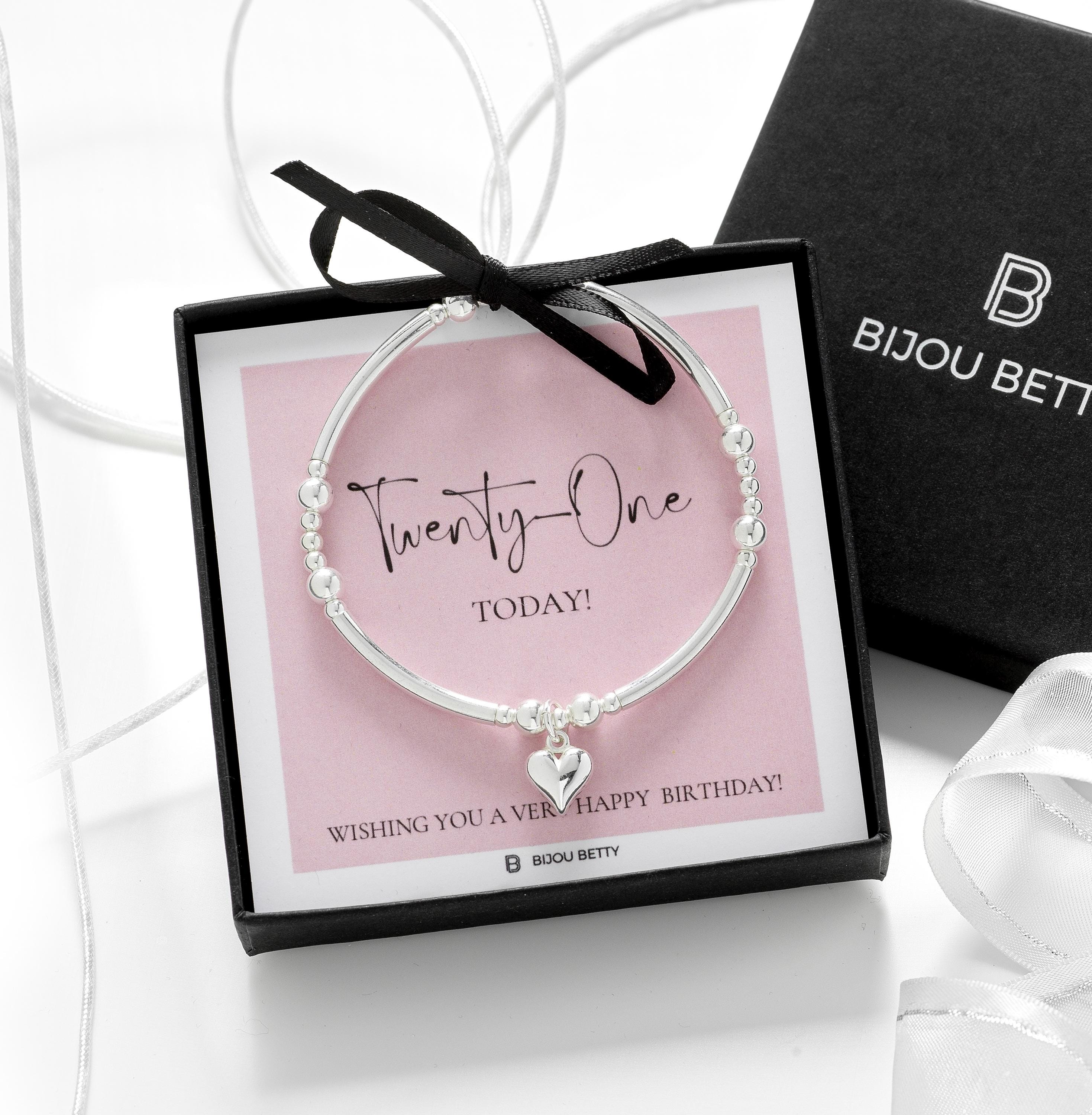 Bijou Betty 21st birthday bracelet with tissue, card, customised tag, and gift bag, great for friends.