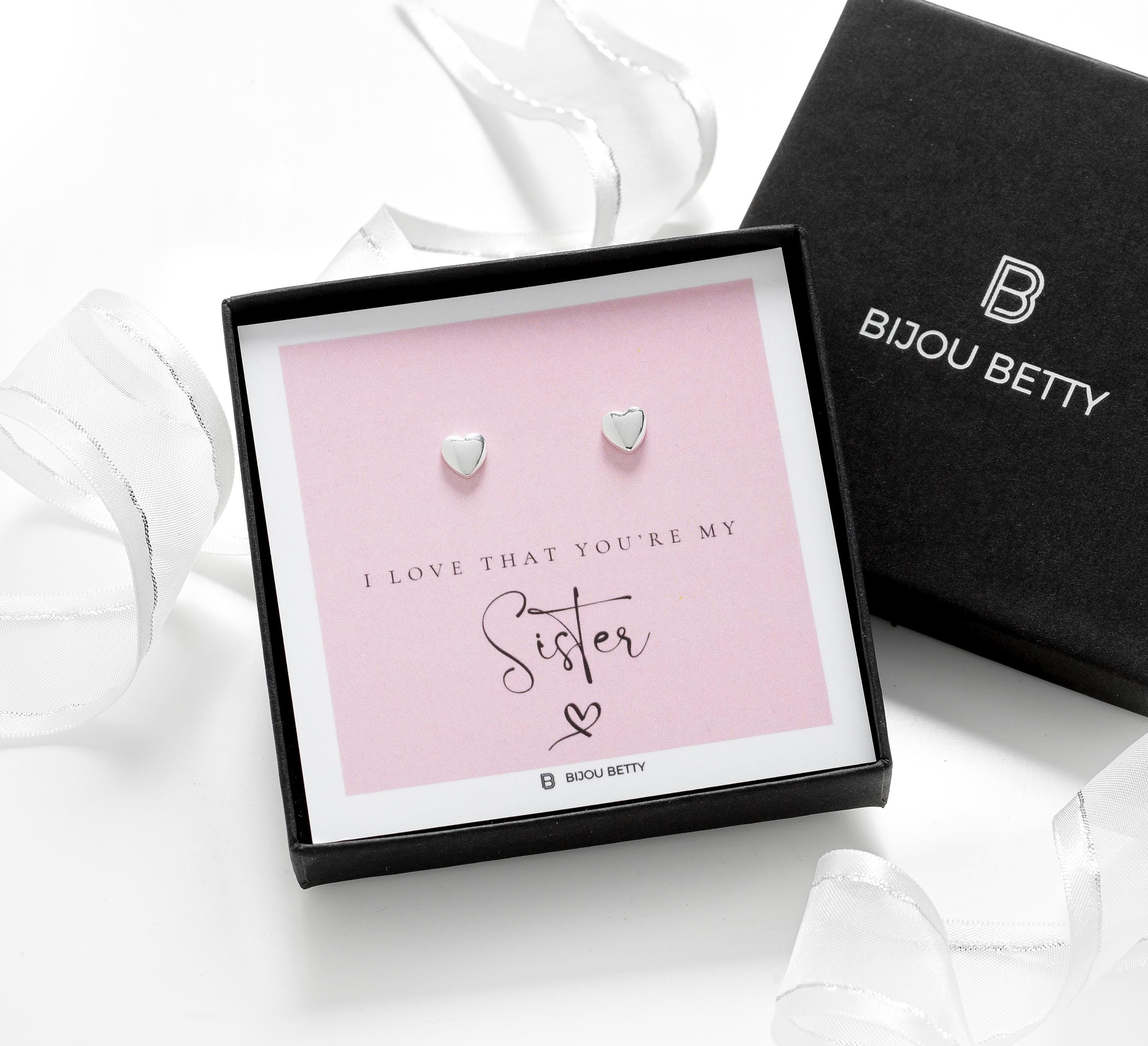 Bijou Betty sister earrings with tissue, ribbon, card, and customised tag, great for appreciation gifts.

