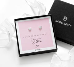 Bijou Betty sister earrings with tissue, ribbon, card, and customised tag, great for appreciation gifts.


