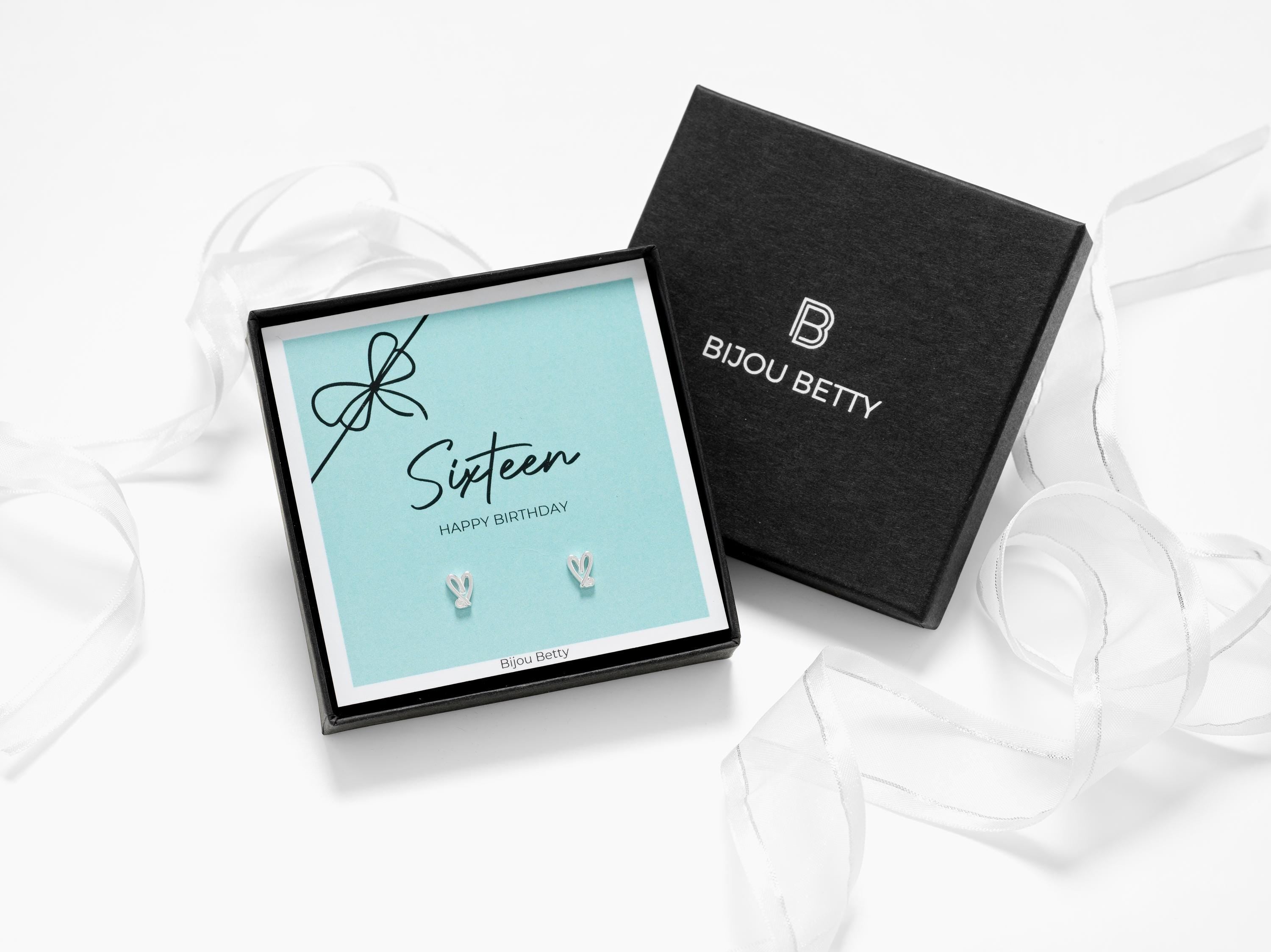 Sterling silver 16th birthday earrings, 7mm x 5mm CZ heart studs, 925 silver, gift for daughter, in Bijou Betty gift box.