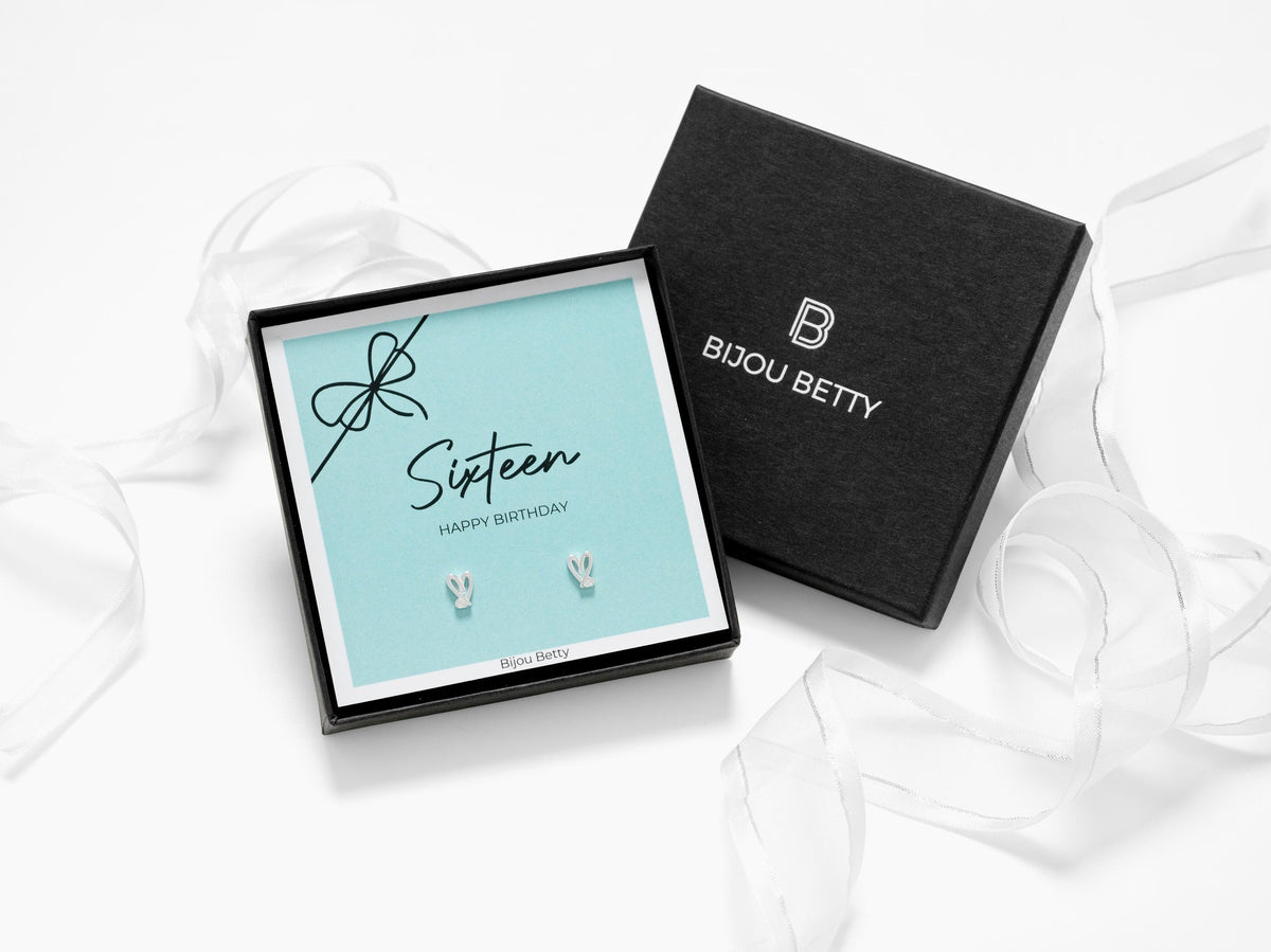 Sterling silver 16th birthday earrings, 7mm x 5mm CZ heart studs, 925 silver, gift for daughter, in Bijou Betty gift box.