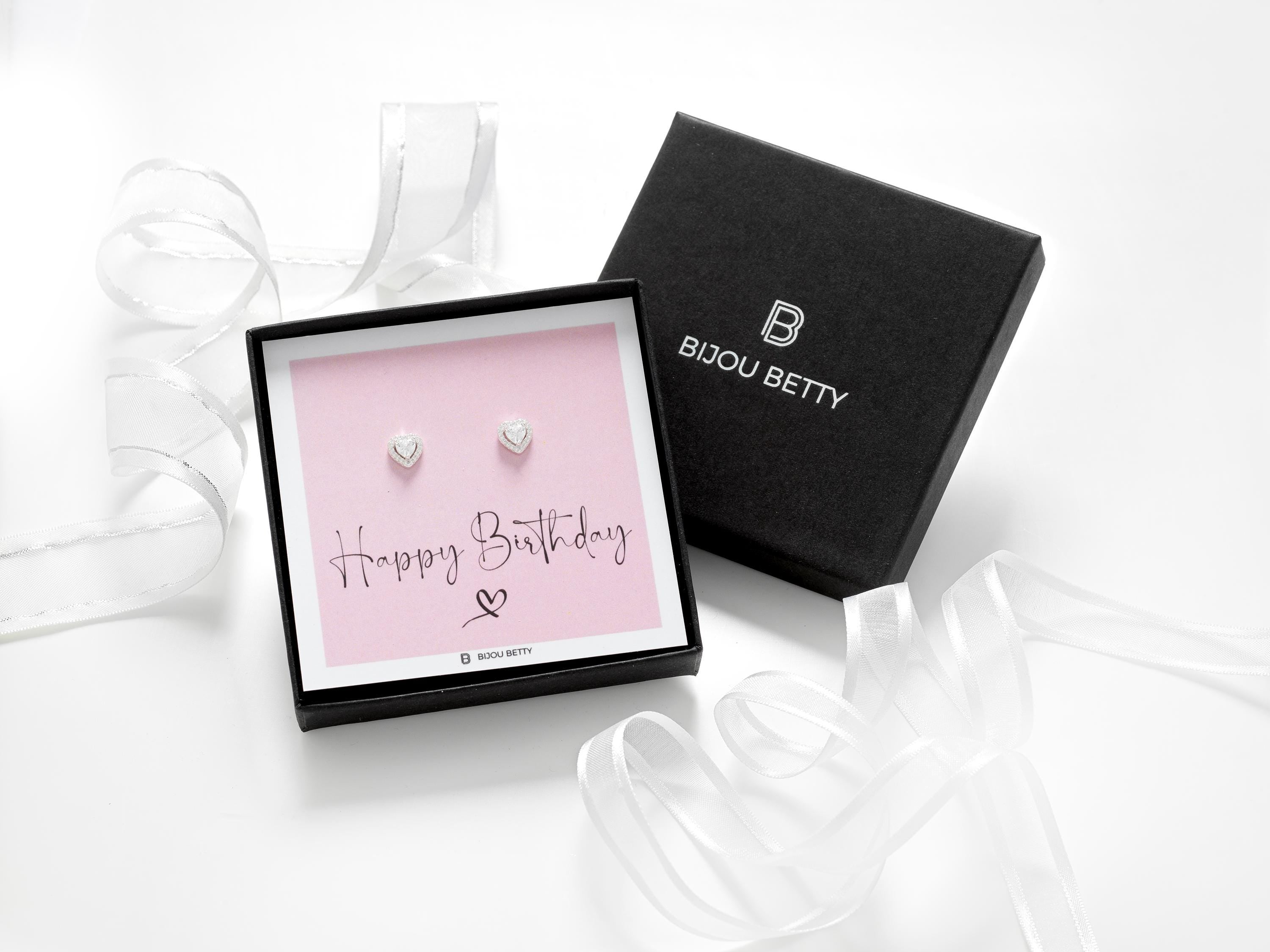 Bijou Betty birthday earrings with tissue, ribbon, card, and customised tag, great for nieces.