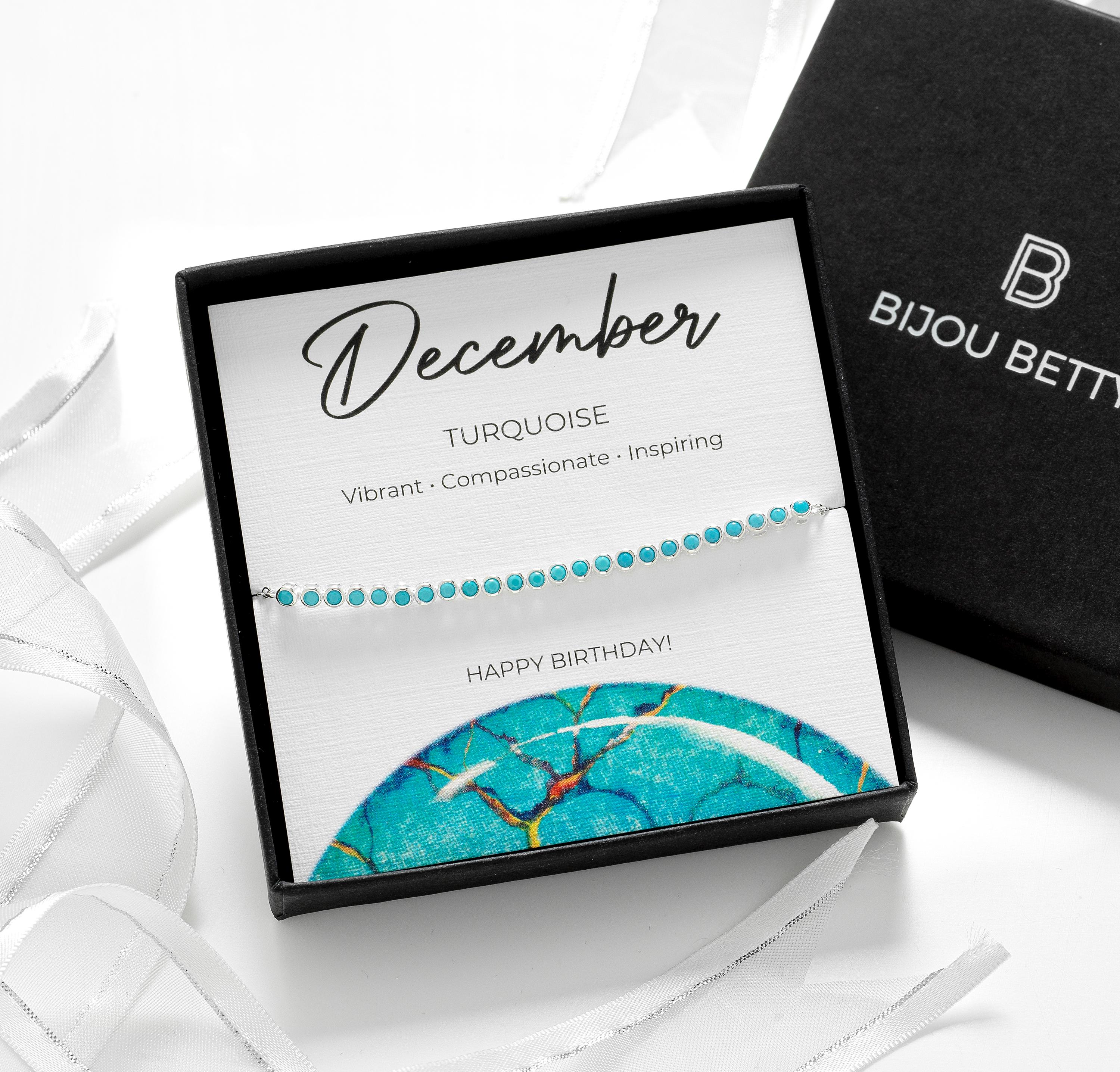 Bijou Betty December birthstone bracelet with tissue, card, customised tag, and gift bag, great for nieces.