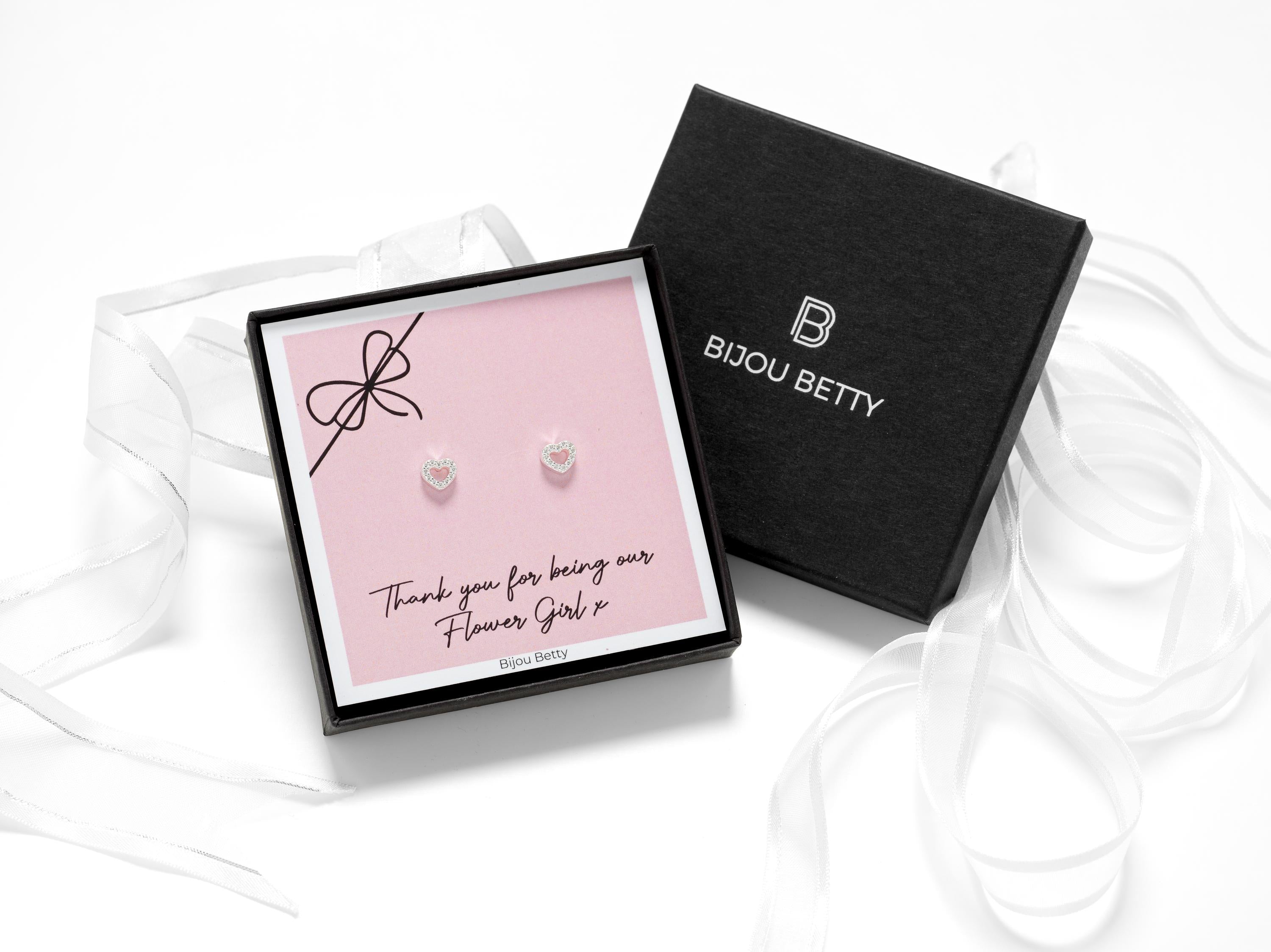Bijou Betty flower girl earrings with tissue, ribbon, card, and personalised tag, great for brides.
