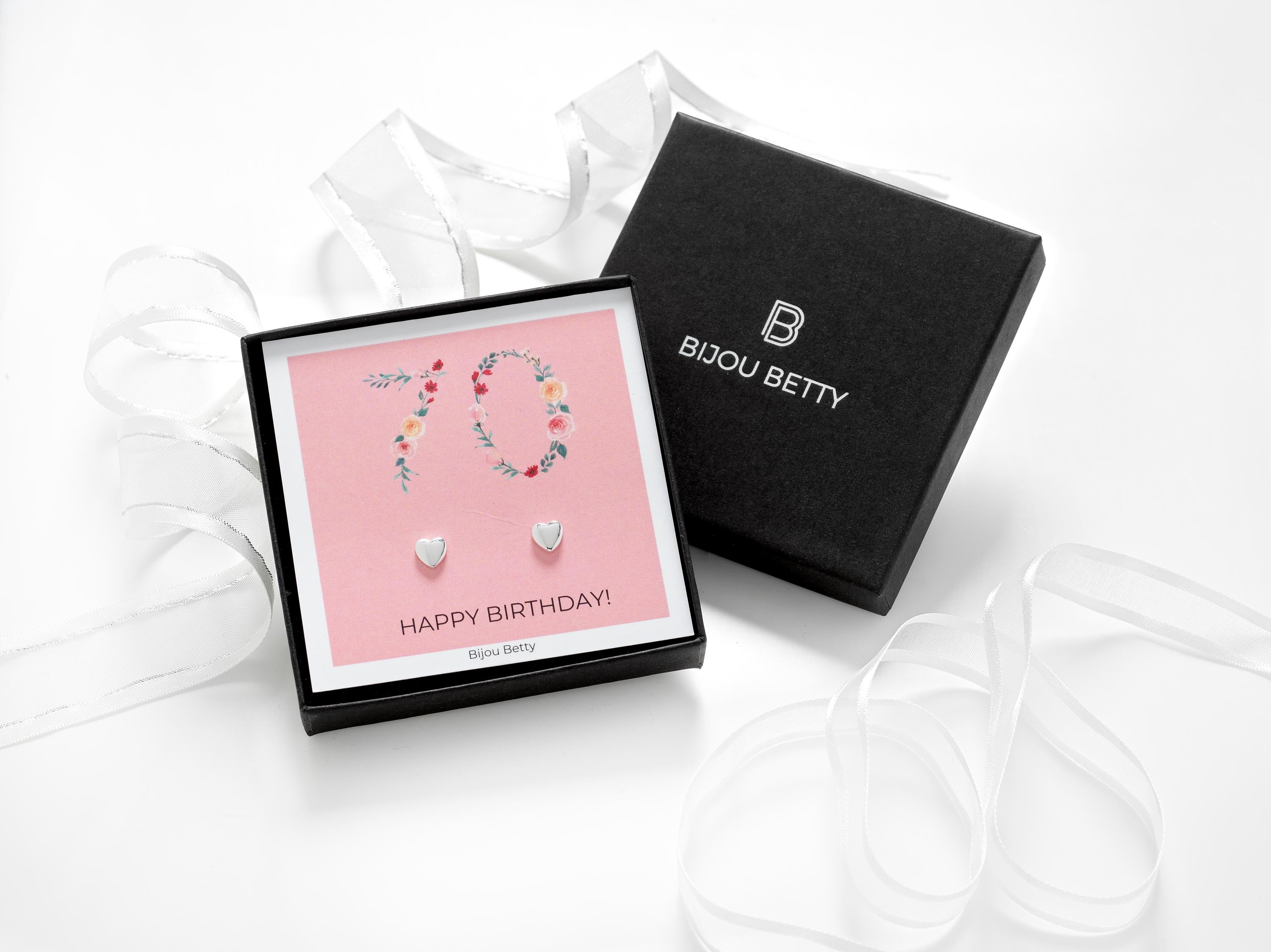 Sterling silver 6.5mm heart earrings in Bijou Betty box with 70th birthday card, ideal for grandmothers.