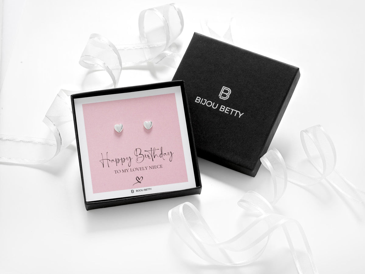Sterling silver 6.5mm heart earrings in Bijou Betty box with niece birthday card, ideal for her special day.