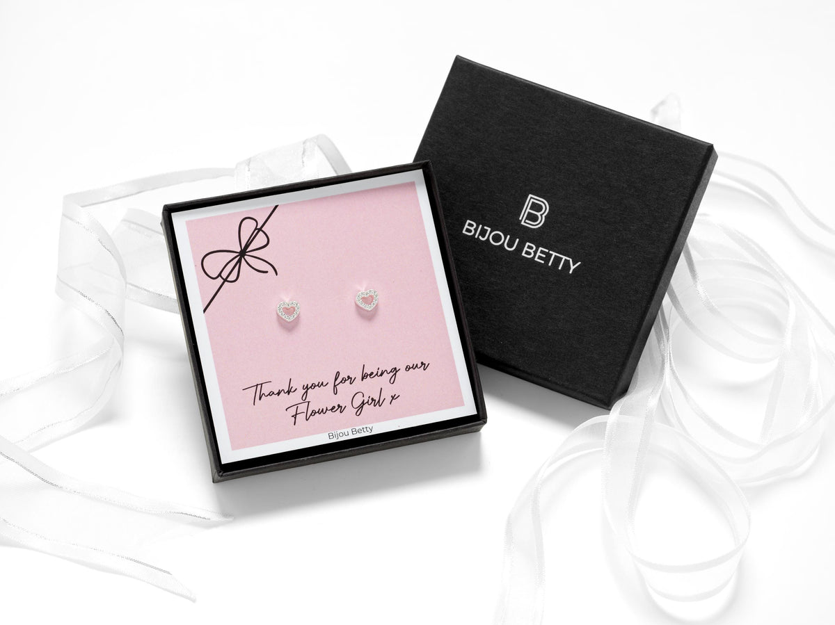 Sterling silver 6mm heart earrings in Bijou Betty box with flower girl card, ideal for wedding days.