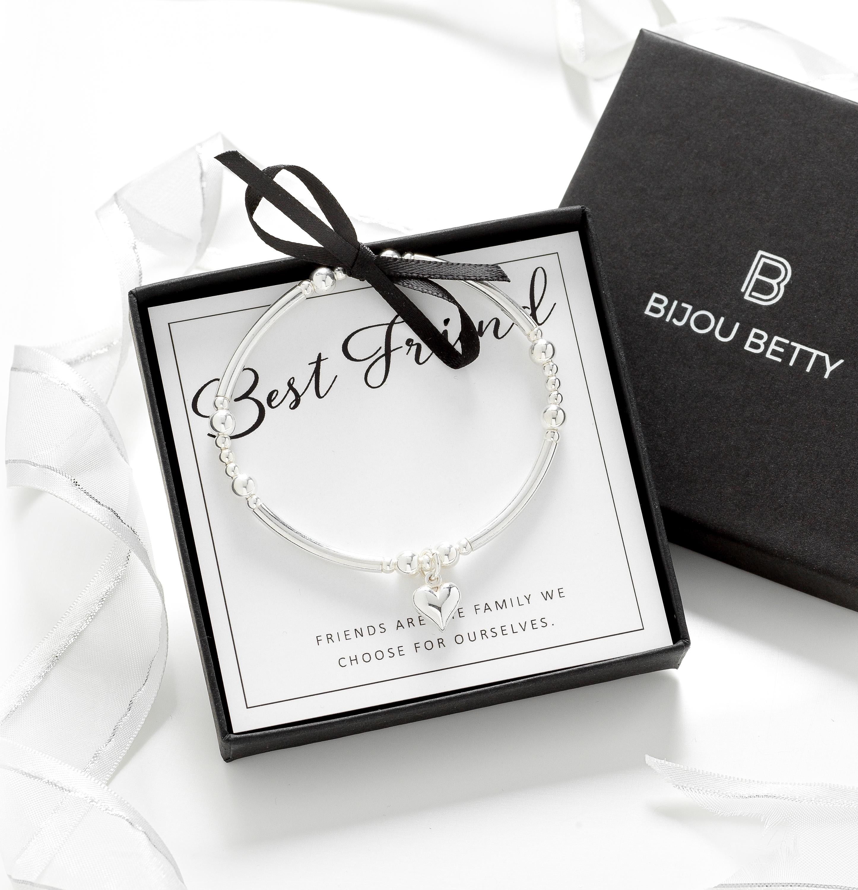 Bijou Betty friend bracelet with tissue, card, customised tag, and gift bag, great for Christmas or special moments.